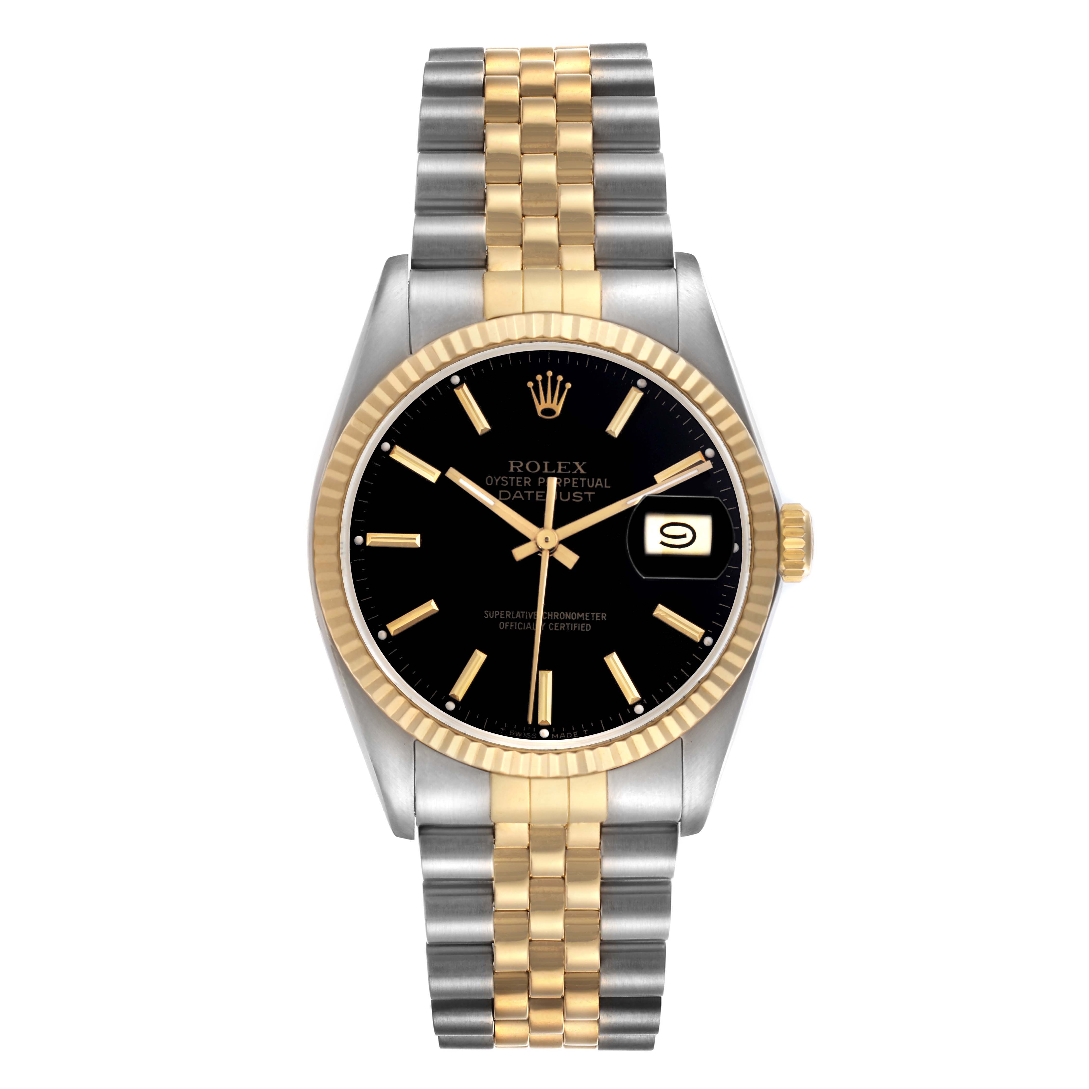 The Rolex Vintage Collection 16013 Men
s Steel and Gold (two tone) Black Dial 16013 Men
s Steel and Gold (two tone) Black Dial watch is shown from the front, featuring its black dial, gold bezel, and two-tone bracelet.