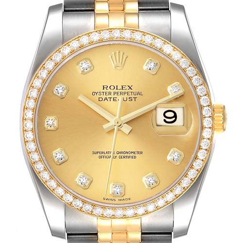 The Rolex Datejust watch is shown from a top-down angle, highlighting its gold dial, diamond-studded bezel, and two-tone bracelet.