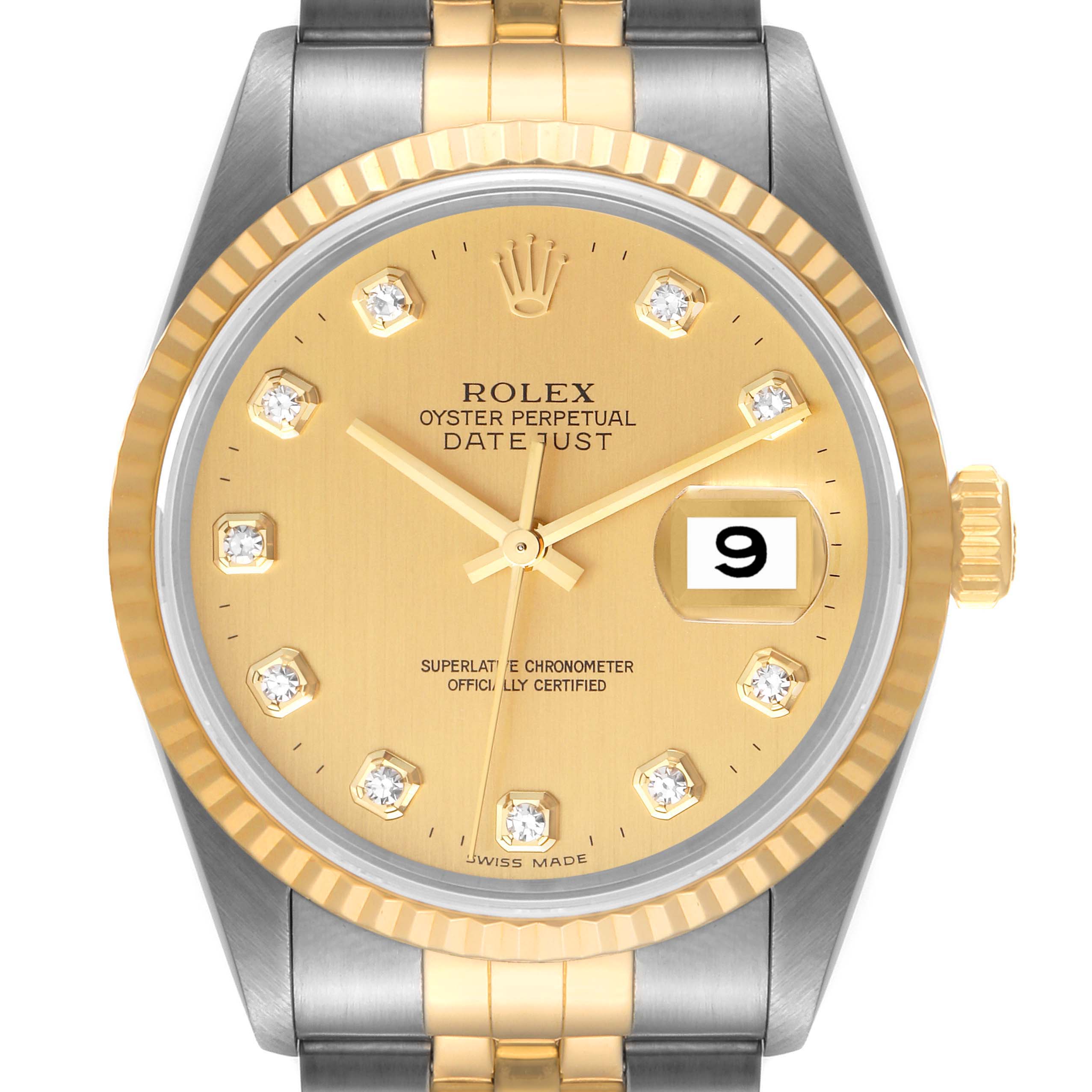 This image shows a frontal view of a Rolex Datejust 16233 Men's Steel and Gold (two tone) Champagne Dial 16233 Men's Steel and Gold (two tone) Champagne Dial watch, highlighting the gold dial, fluted bezel, and two-tone bracelet.