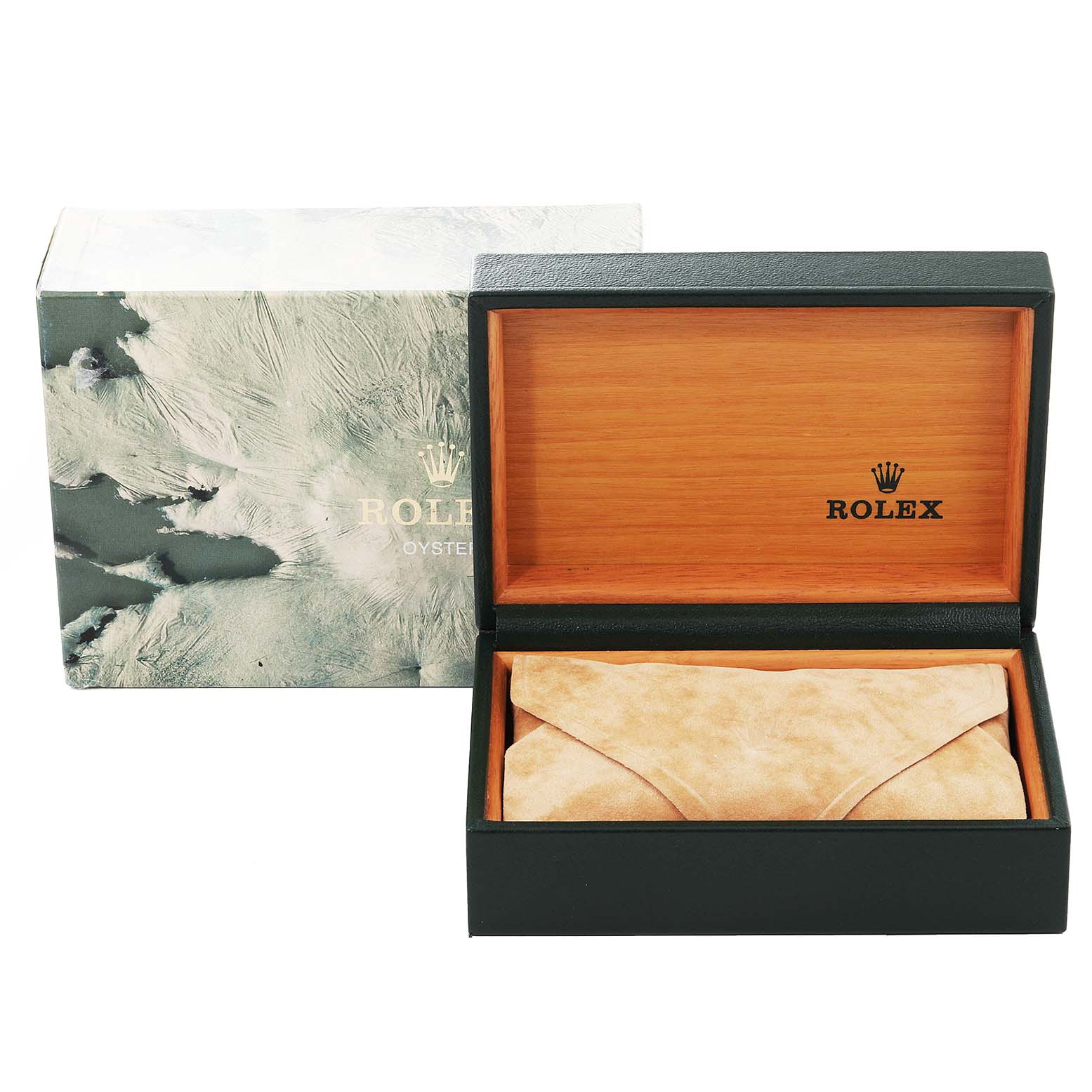 The image shows the packaging and a wooden box for the Rolex Datejust 16233 Men's Steel and Gold (two tone) Champagne Dial 16233 Men's Steel and Gold (two tone) Champagne Dial watch.