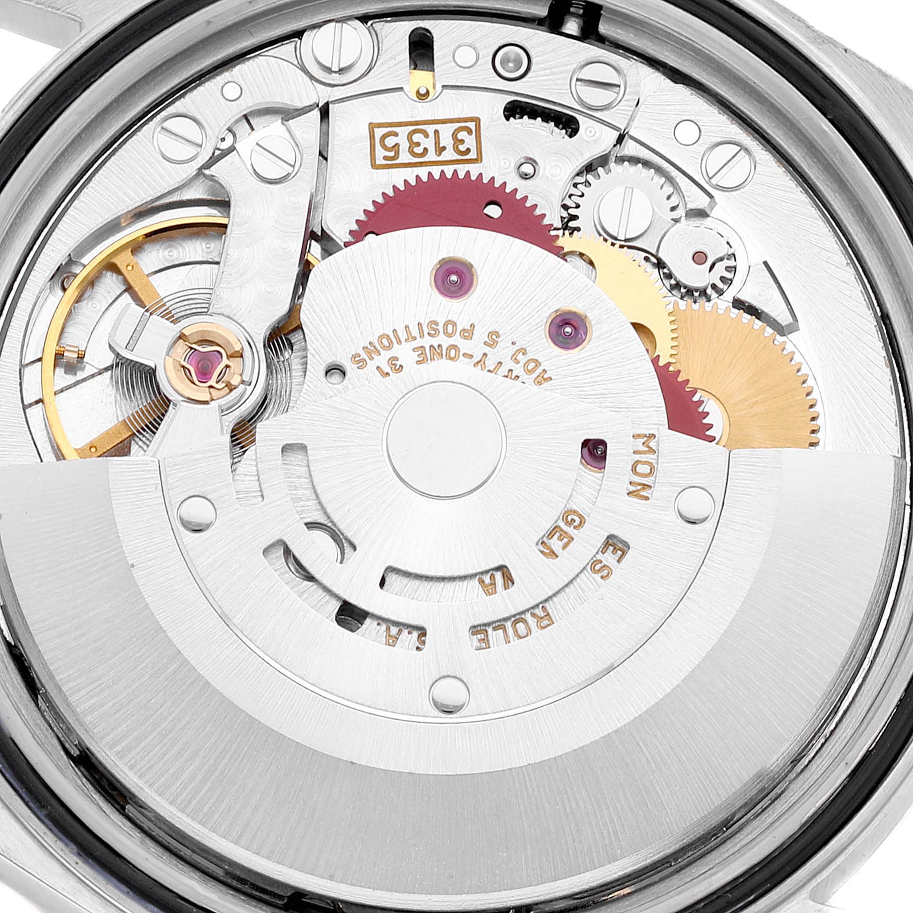 This image shows the internal mechanical movement of a Rolex Datejust 16233 Men's Steel and Gold (two tone) Champagne Dial 16233 Men's Steel and Gold (two tone) Champagne Dial watch, viewed from the back.