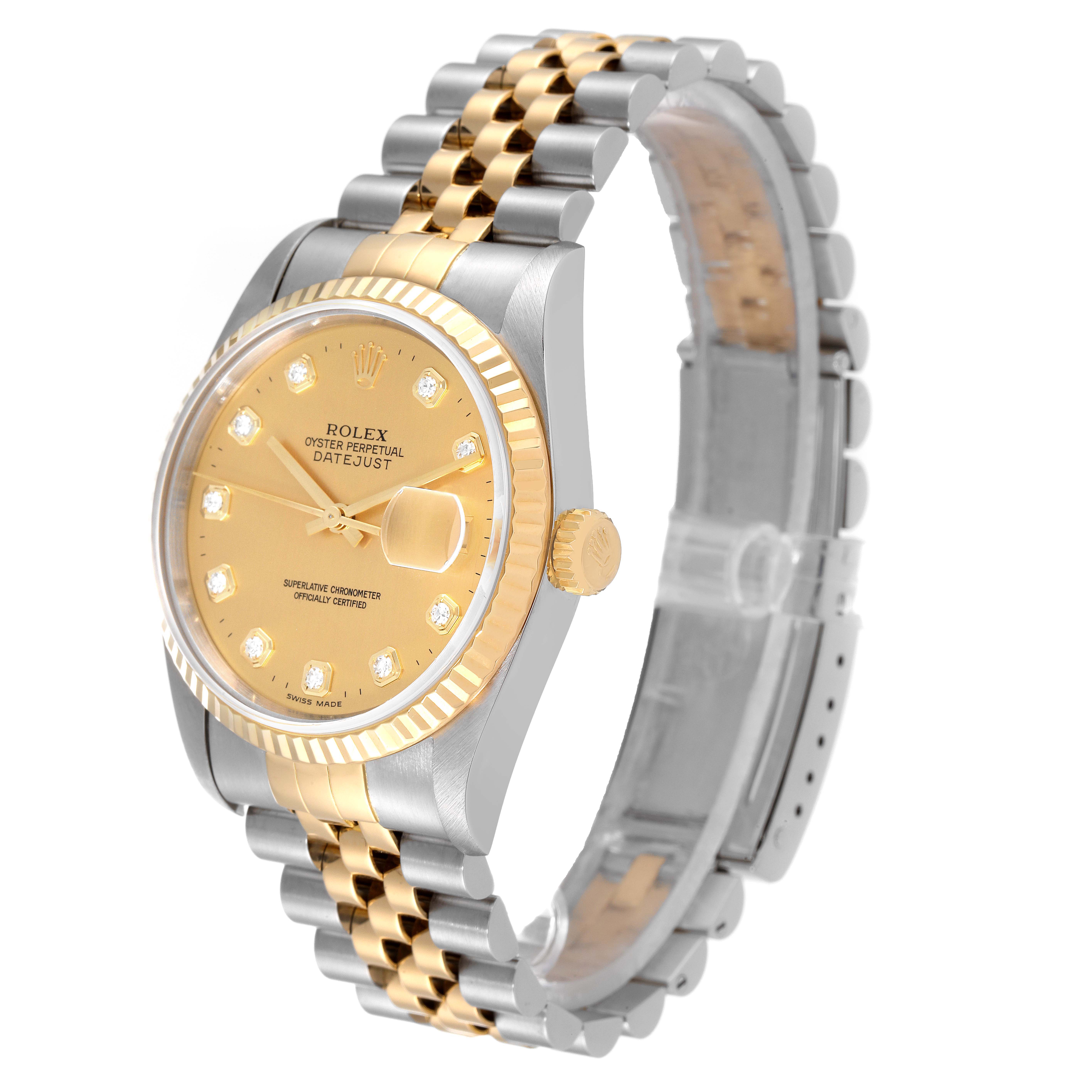The image shows a Rolex Datejust 16233 Men's Steel and Gold (two tone) Champagne Dial 16233 Men's Steel and Gold (two tone) Champagne Dial watch at a three-quarter angle, displaying the face, crown, and part of the bracelet.