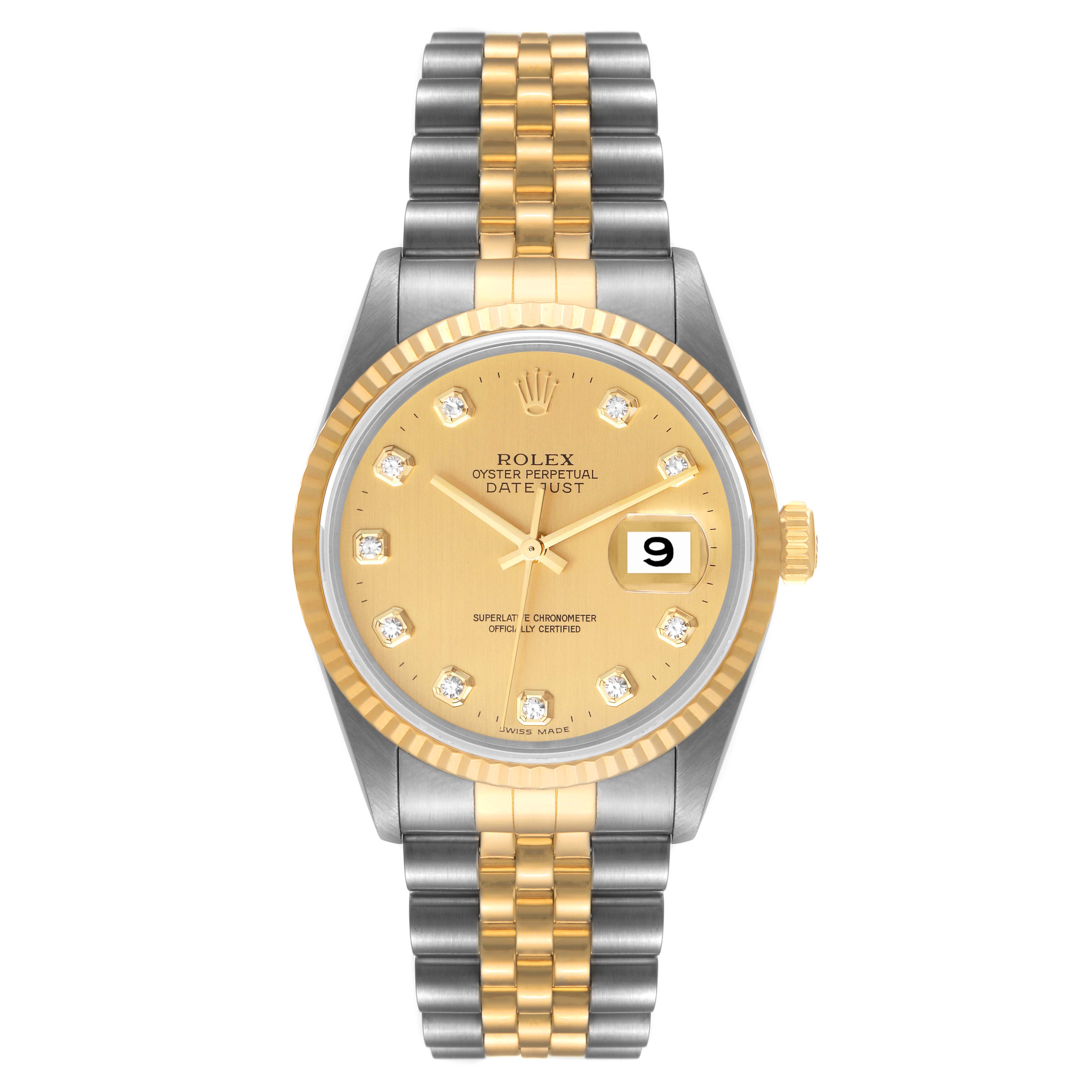 The Rolex Datejust 16233 Men's Steel and Gold (two tone) Champagne Dial 16233 Men's Steel and Gold (two tone) Champagne Dial watch is shown from a front angle, displaying its dial, bezel, case, and bracelet.