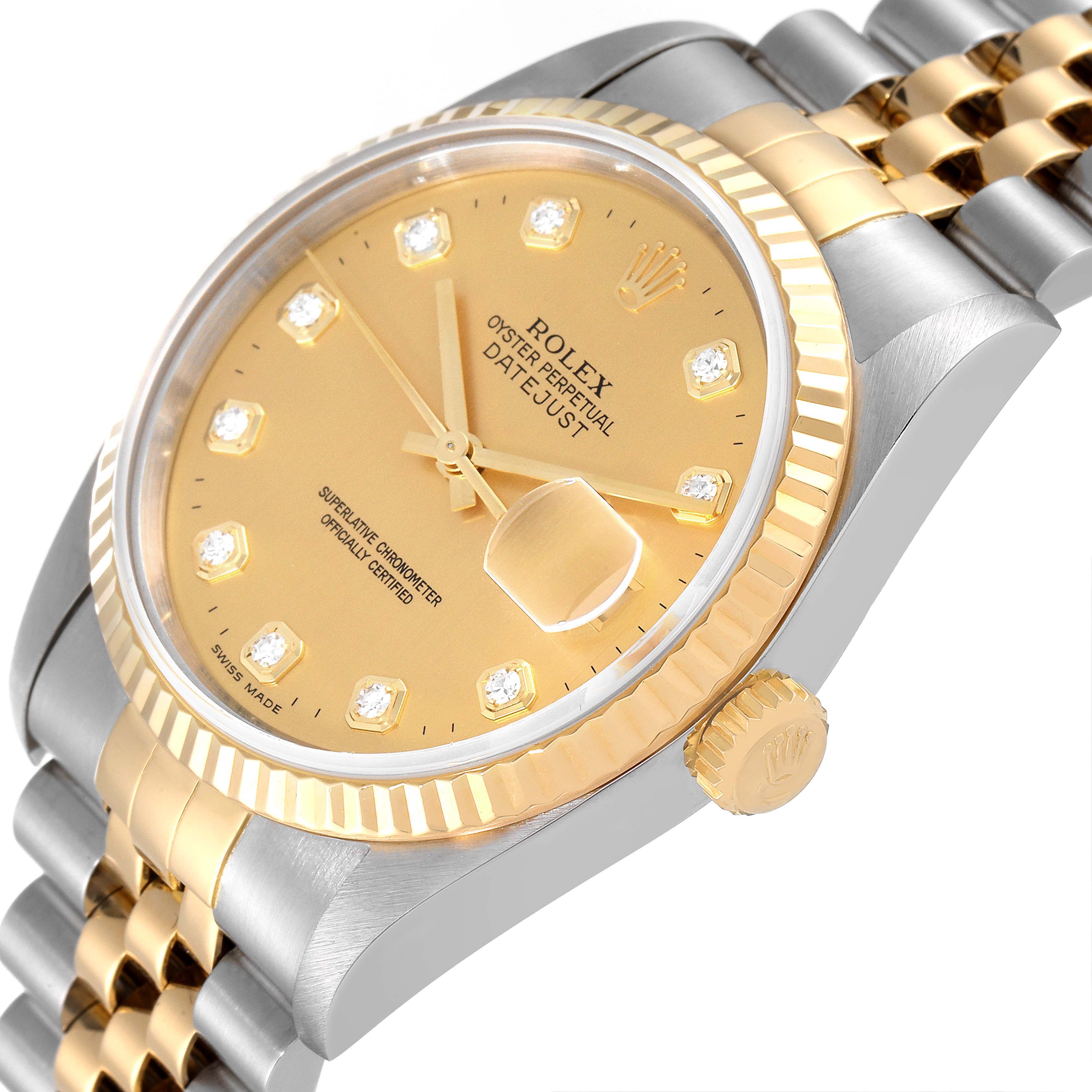 The image shows a Rolex Datejust 16233 Men's Steel and Gold (two tone) Champagne Dial 16233 Men's Steel and Gold (two tone) Champagne Dial watch at an angle highlighting the dial, bezel, crown, and bracelet.