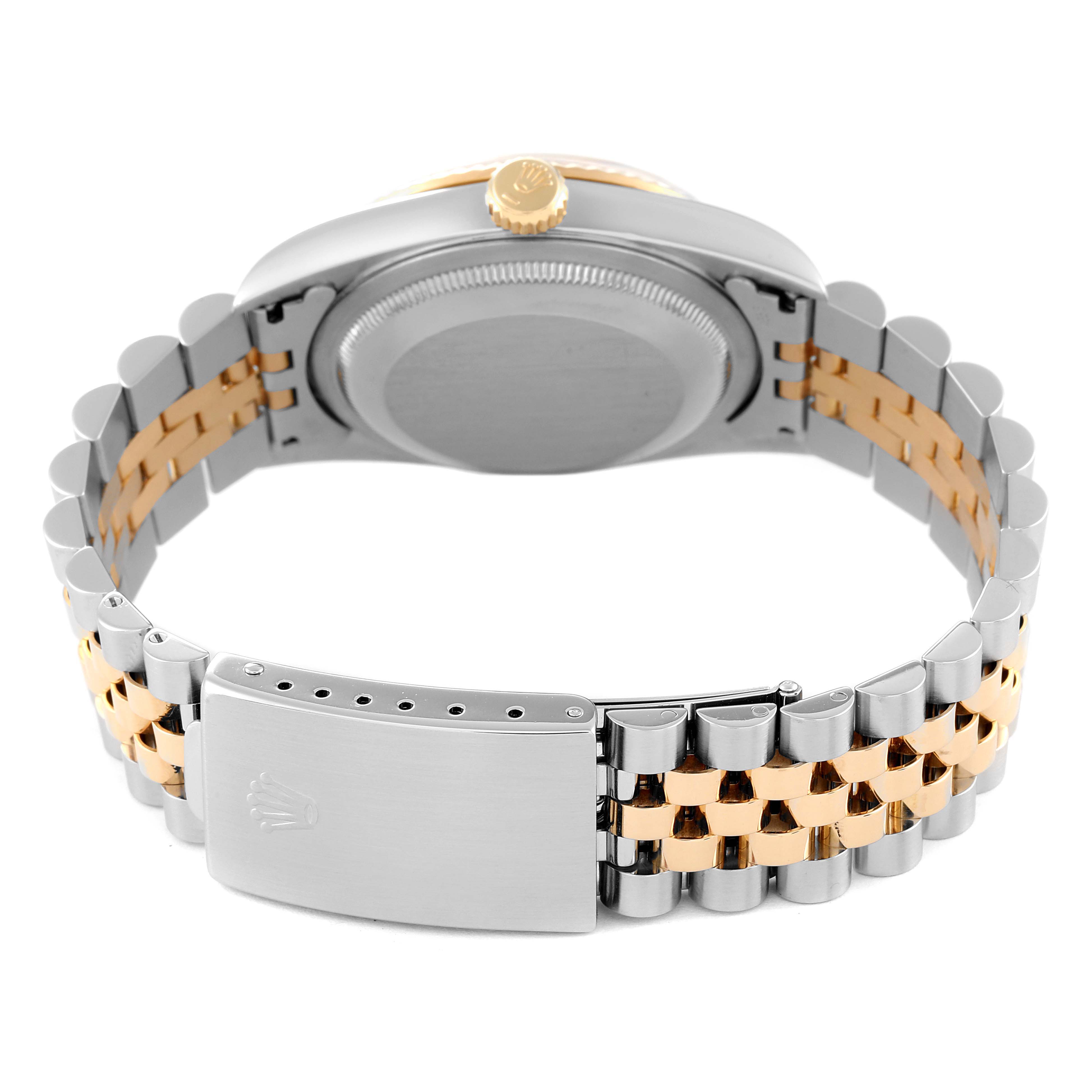This image shows the back view of a Rolex Datejust 16233 Men's Steel and Gold (two tone) Champagne Dial 16233 Men's Steel and Gold (two tone) Champagne Dial, highlighting its two-tone bracelet and closed clasp.