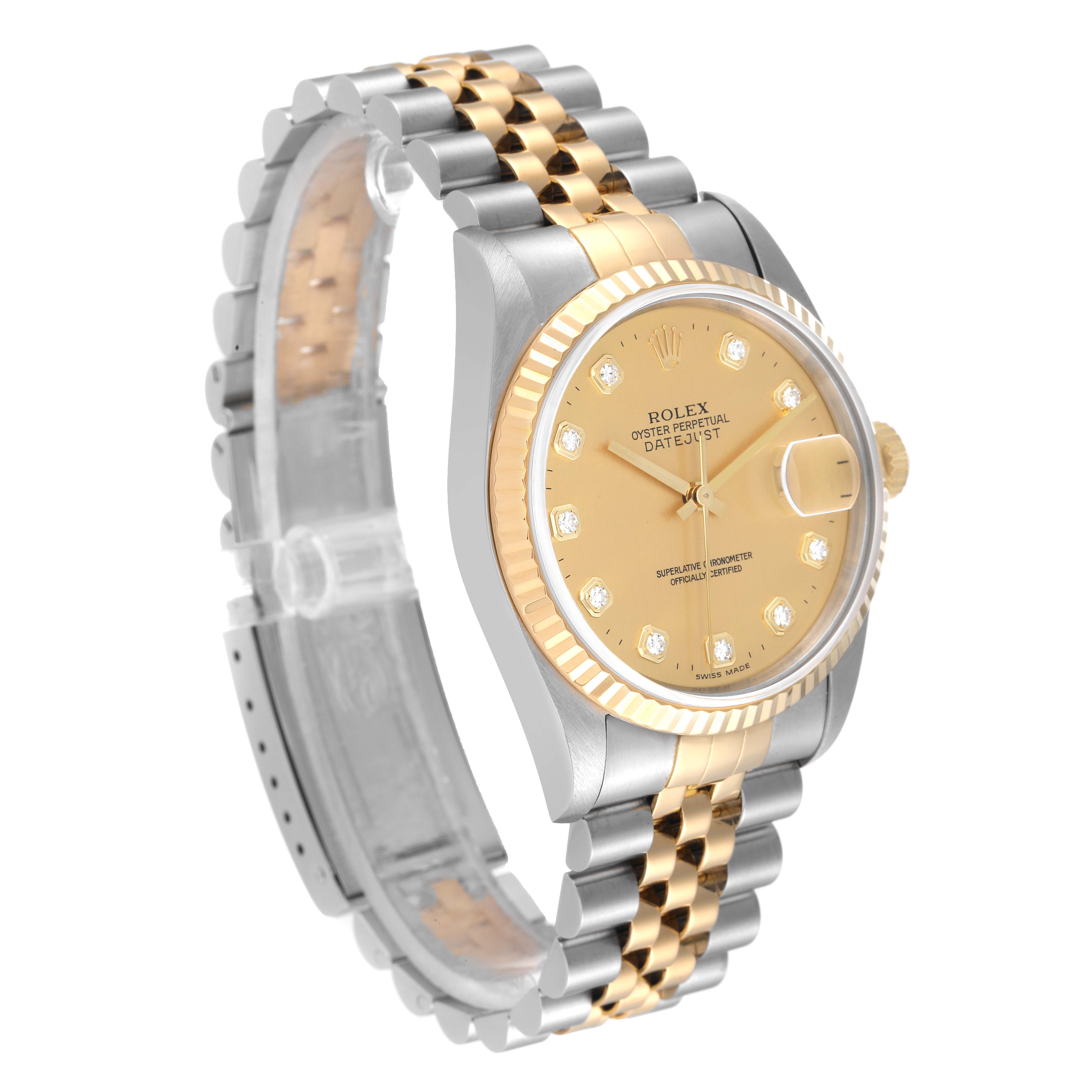 This image shows a side angle of the Rolex Datejust 16233 Men's Steel and Gold (two tone) Champagne Dial 16233 Men's Steel and Gold (two tone) Champagne Dial watch, highlighting its dial, bezel, and part of the bracelet.