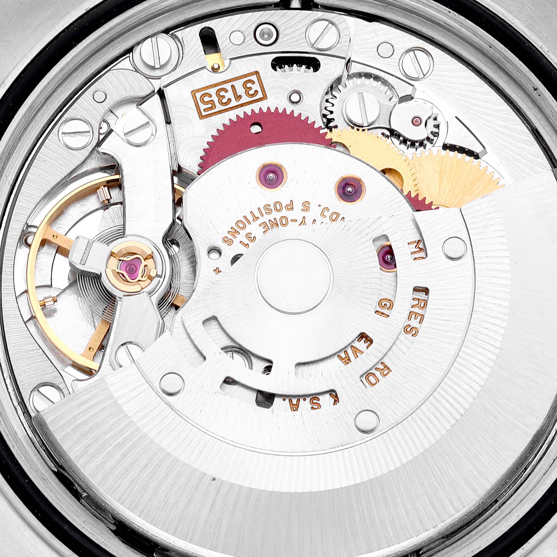The image shows a close-up of the movement mechanism inside a Rolex Datejust 16233 Men's Steel and Gold (two tone) Champagne Dial 16233 Men's Steel and Gold (two tone) Champagne Dial watch.