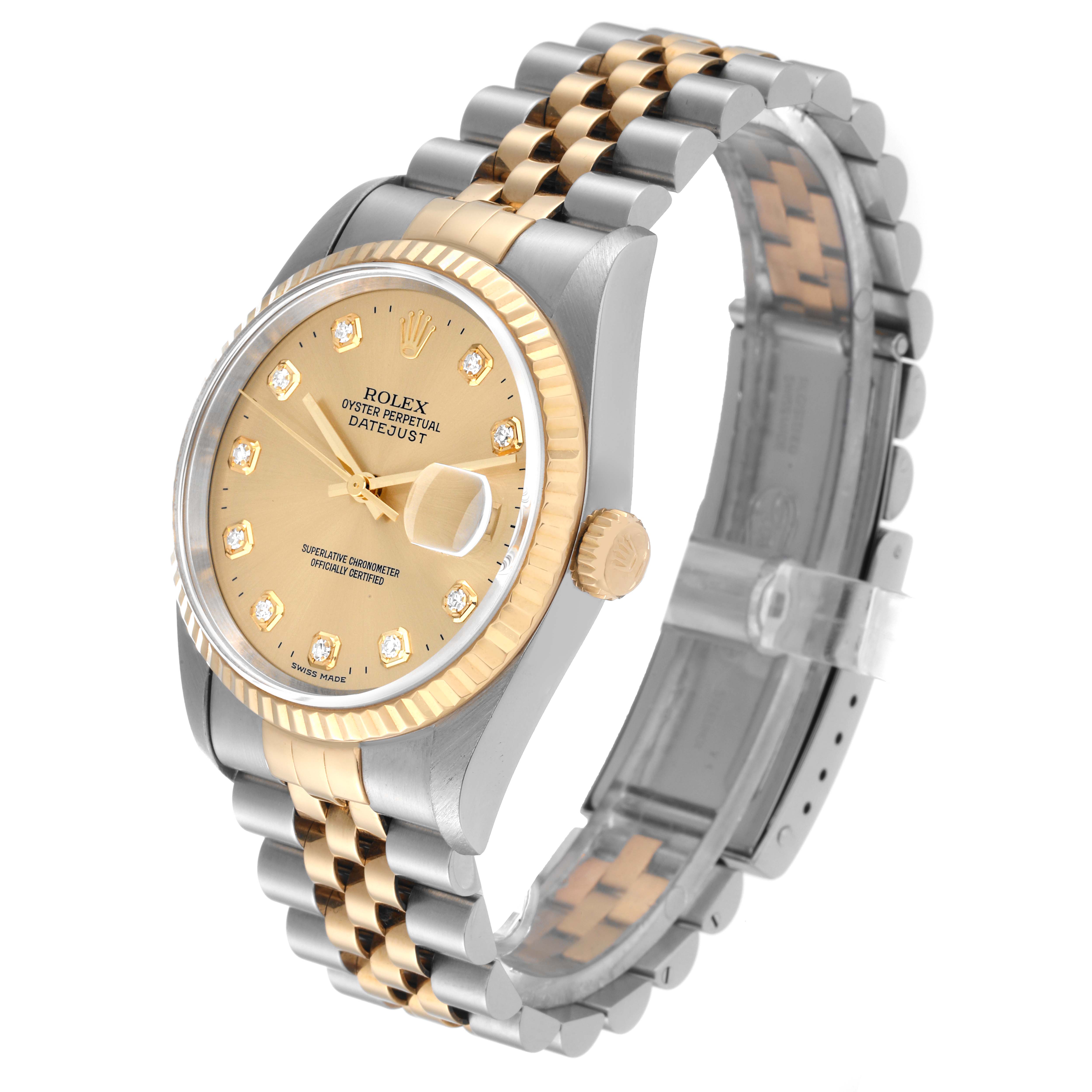 The image shows a Rolex Datejust 16233 Men's Steel and Gold (two tone) Champagne Dial 16233 Men's Steel and Gold (two tone) Champagne Dial watch at an angle highlighting the face, bezel, and two-tone bracelet.