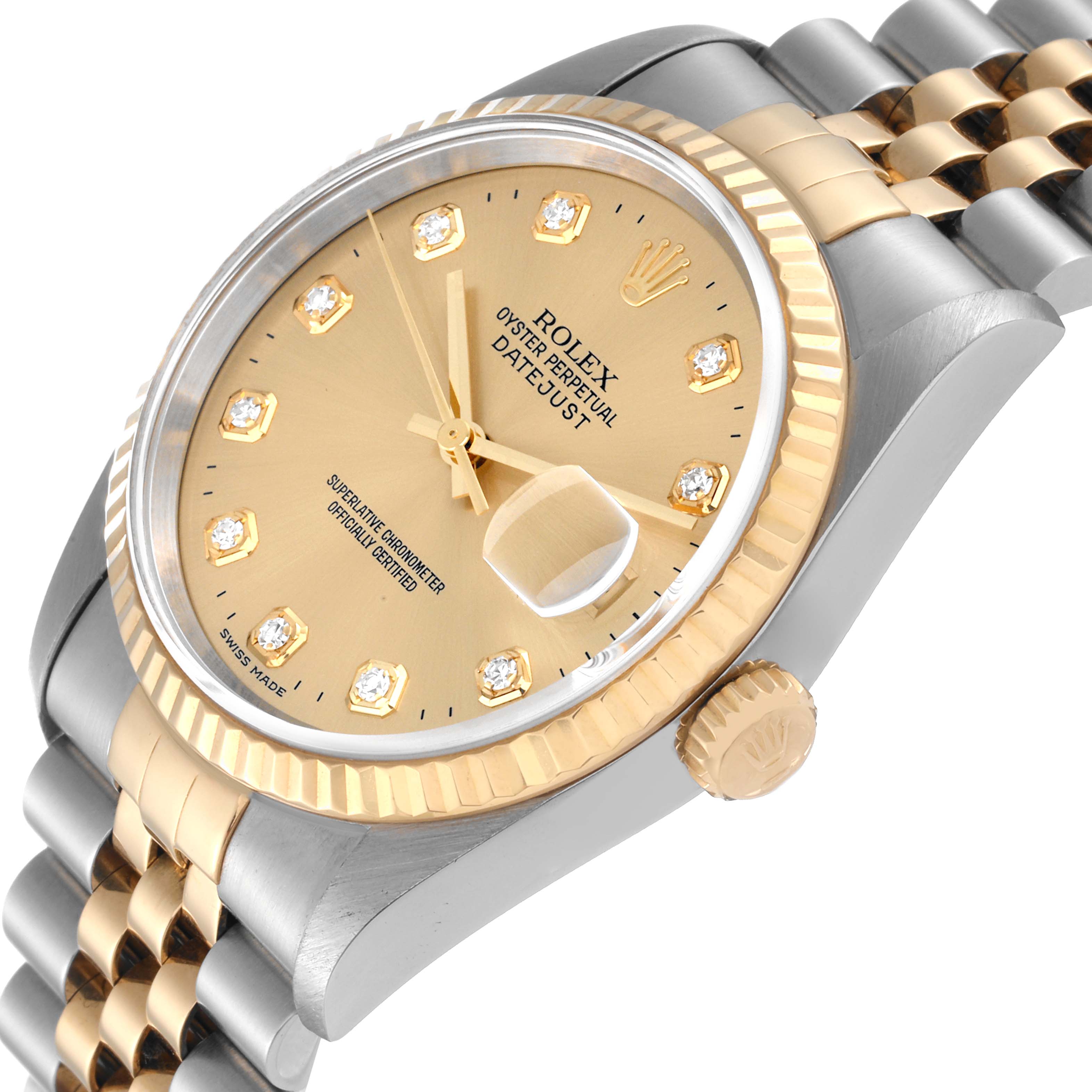 The Rolex Datejust 16233 Men's Steel and Gold (two tone) Champagne Dial 16233 Men's Steel and Gold (two tone) Champagne Dial watch is shown at a slight angle, highlighting the dial, bezel, crown, and part of the bracelet.