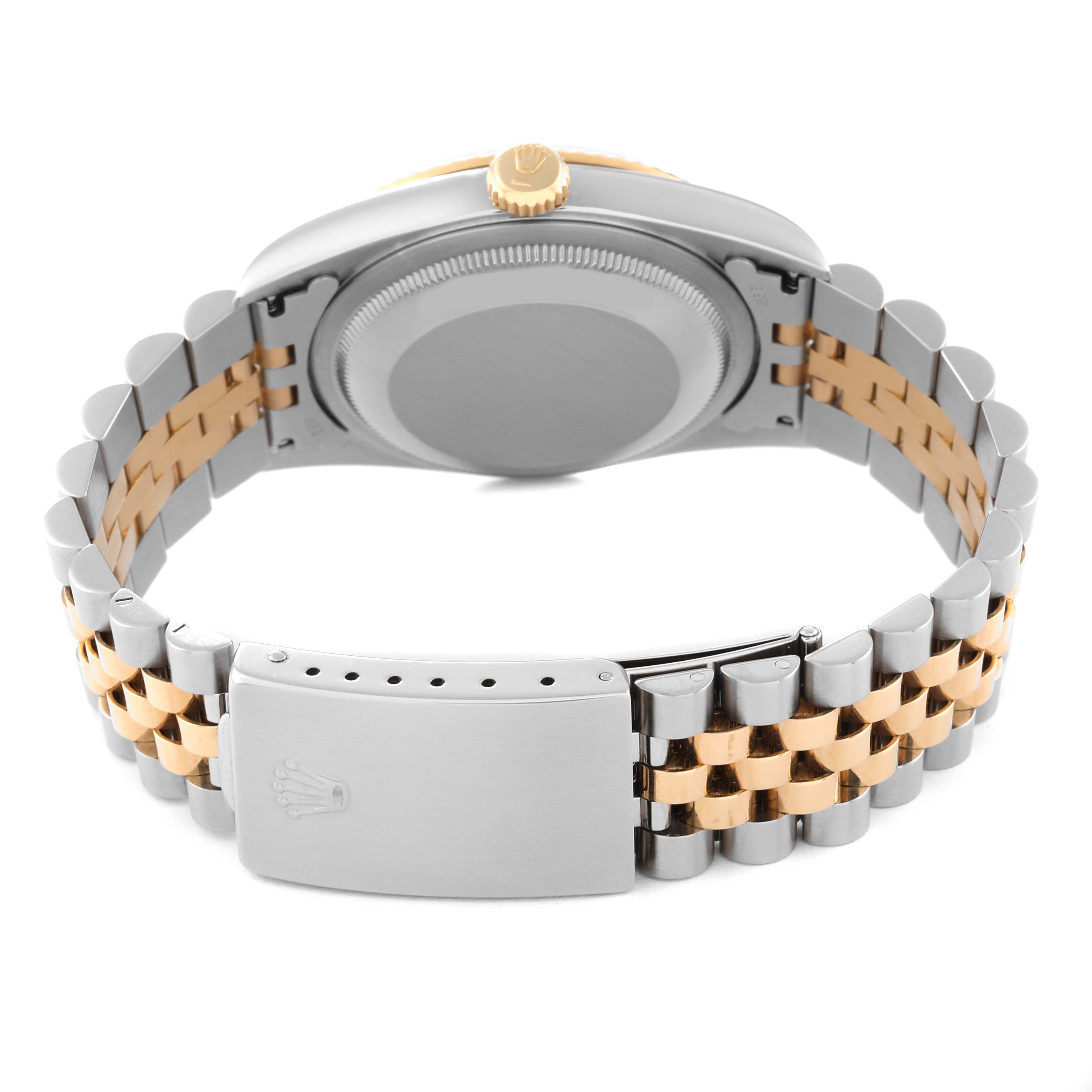 This image shows the back view of a Rolex Datejust 16233 Men's Steel and Gold (two tone) Champagne Dial 16233 Men's Steel and Gold (two tone) Champagne Dial watch, highlighting the case back and two-tone bracelet with the clasp.