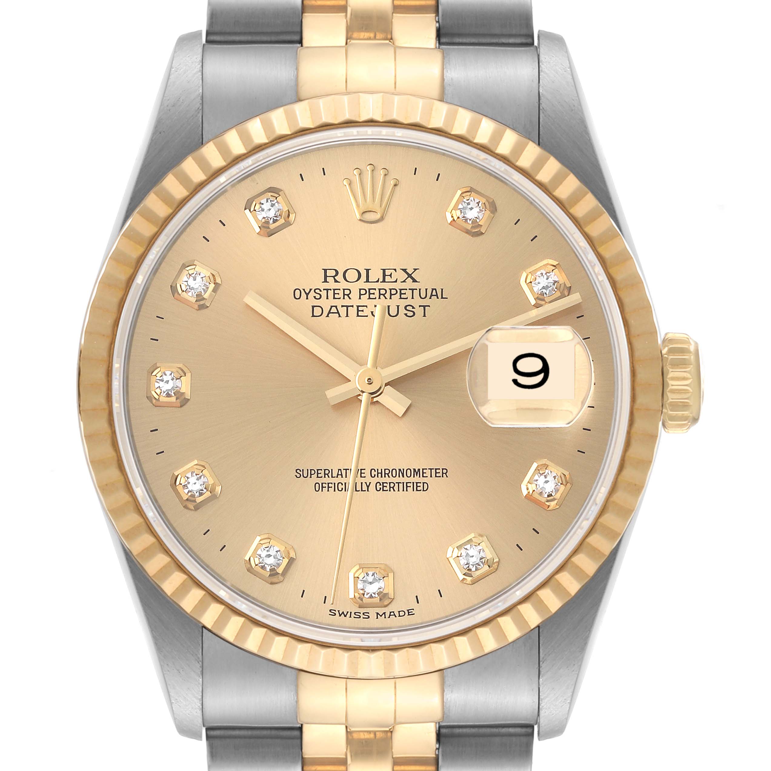 This image shows a close-up front view of the dial, bezel, and part of the bracelet of the Rolex Datejust 16233 Men's Steel and Gold (two tone) Champagne Dial 16233 Men's Steel and Gold (two tone) Champagne Dial watch.