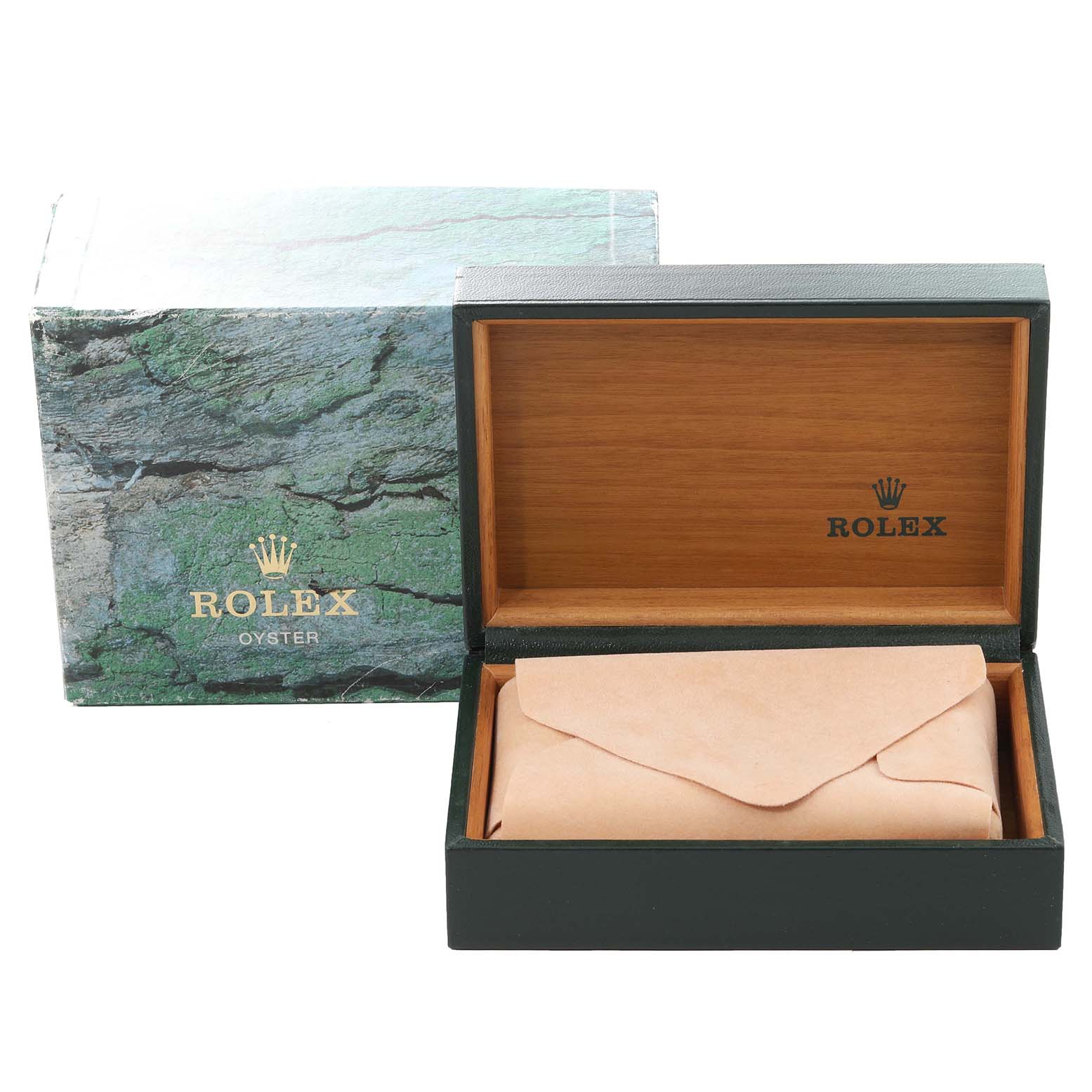 The image shows an open Rolex Datejust 16233 Men's Steel and Gold (two tone) Champagne Dial 16233 Men's Steel and Gold (two tone) Champagne Dial watch box, revealing the inside along with a green outer sleeve.