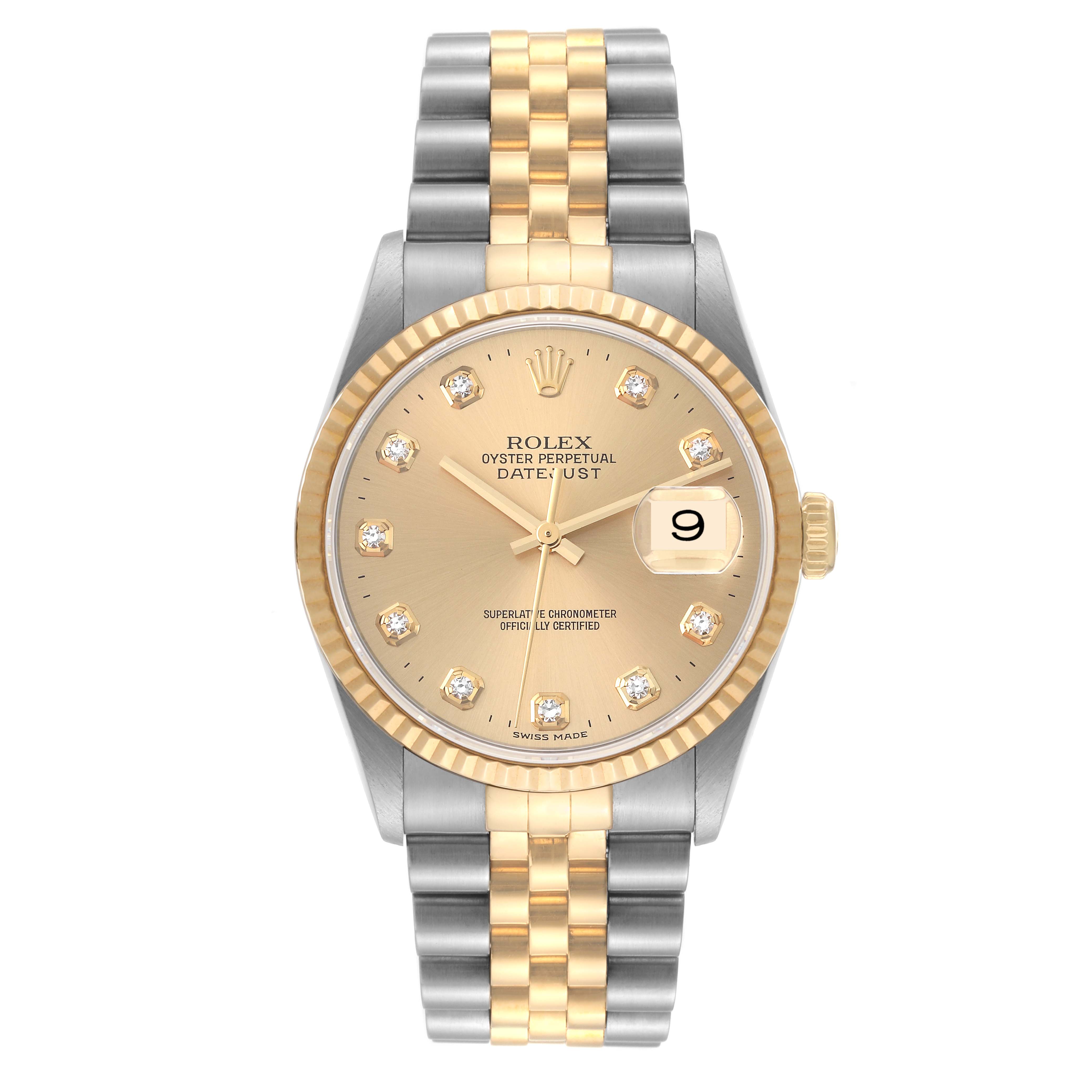 This image shows a Rolex Datejust 16233 Men's Steel and Gold (two tone) Champagne Dial 16233 Men's Steel and Gold (two tone) Champagne Dial watch with a gold bezel, champagne dial, diamond hour markers, and two-tone Jubilee bracelet.