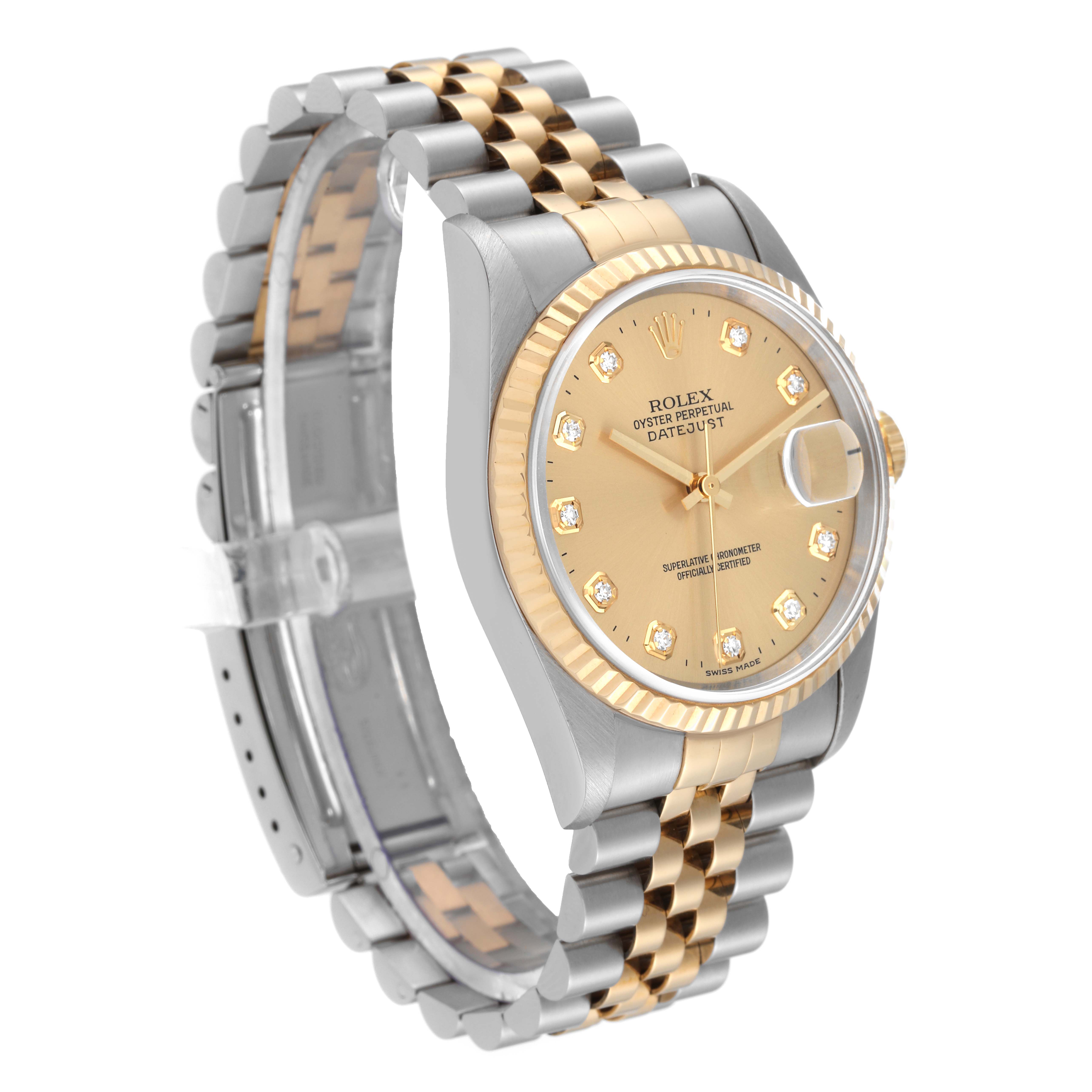 The image shows a Rolex Datejust 16233 Men's Steel and Gold (two tone) Champagne Dial 16233 Men's Steel and Gold (two tone) Champagne Dial watch at a three-quarter angle, displaying its gold and silver bracelet, fluted bezel, and detailed dial.