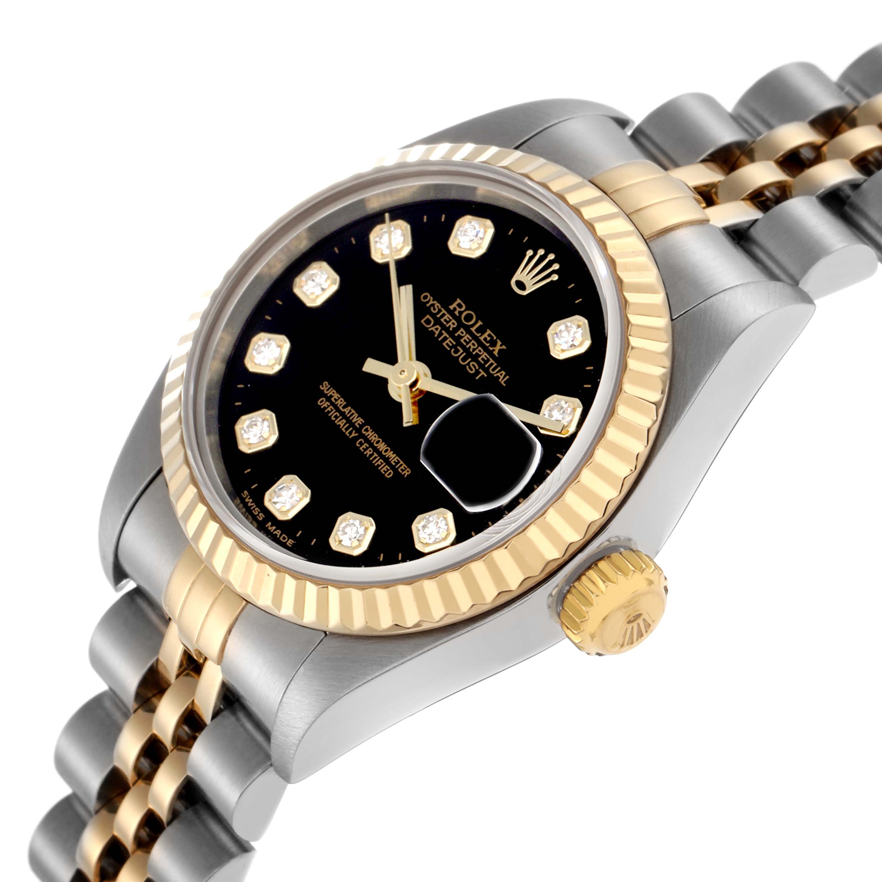 The Rolex Datejust 79173 Women
s Steel and Gold (two tone) Black Dial 79173 Women
s Steel and Gold (two tone) Black Dial watch is shown at an angled side view, highlighting the bezel, crown, dial, and part of the two-tone bracelet.
