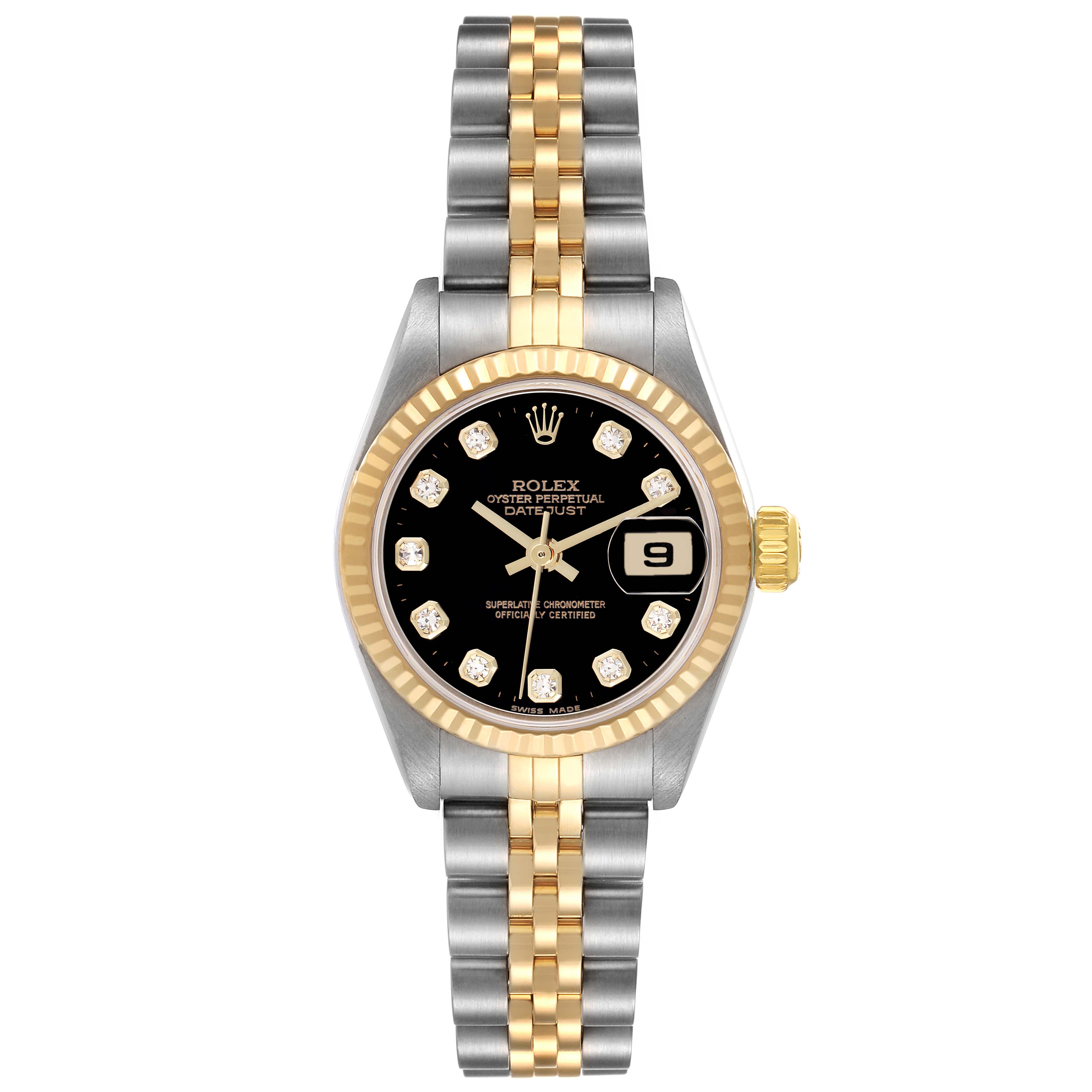 The Rolex Datejust 79173 Women
s Steel and Gold (two tone) Black Dial 79173 Women
s Steel and Gold (two tone) Black Dial watch is shown from a top view, displaying the dial, bezel, and bracelet.