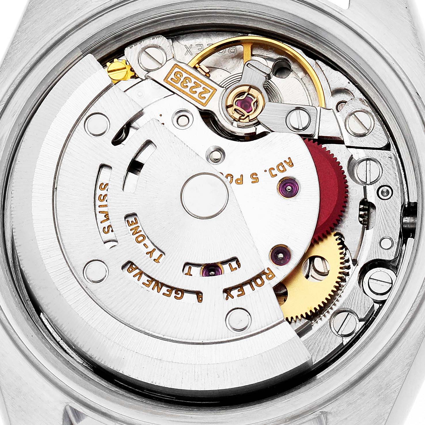 This image shows the movement of a Rolex Datejust 79173 Women
s Steel and Gold (two tone) Black Dial 79173 Women
s Steel and Gold (two tone) Black Dial watch from a top-down angle, displaying gears and the rotor.