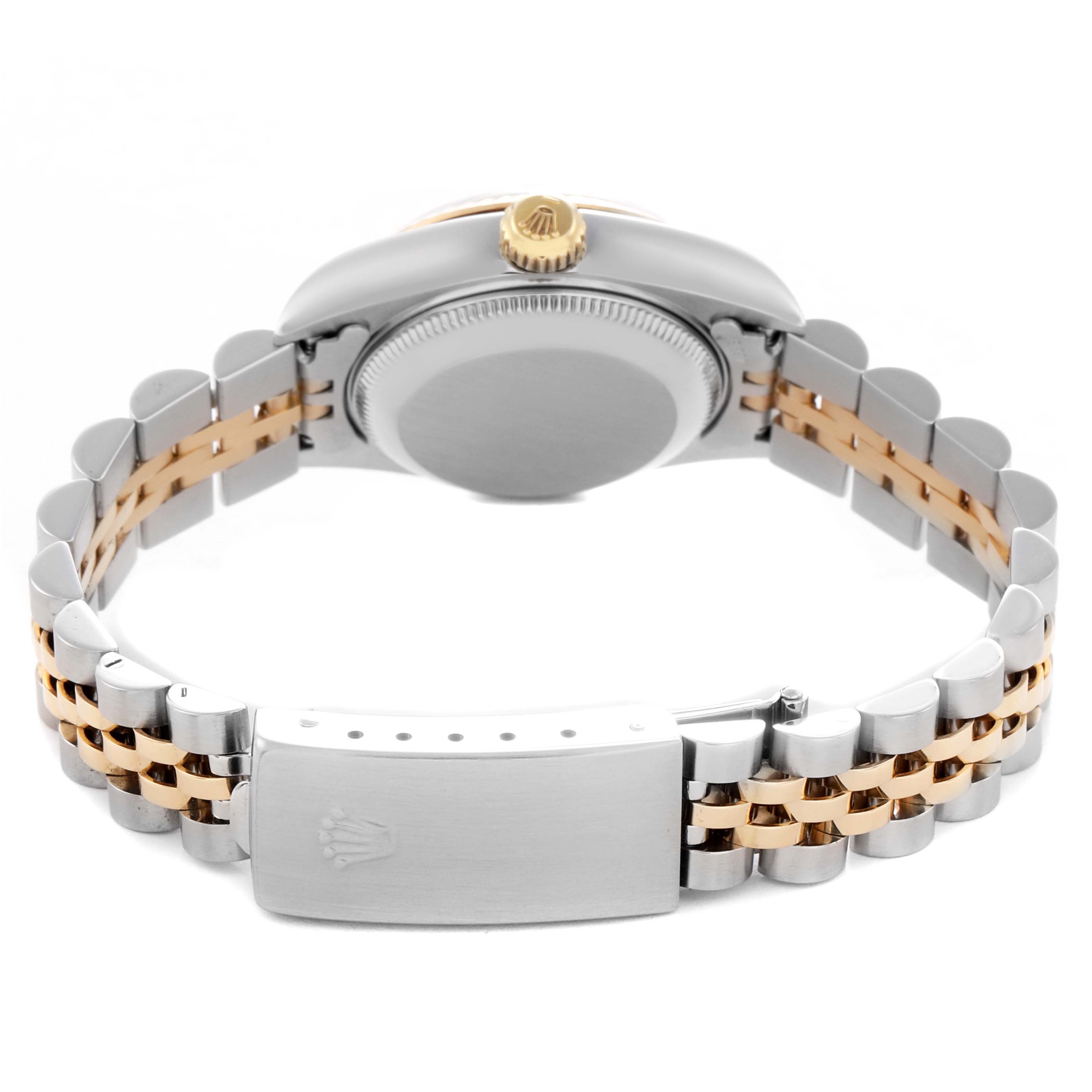 The image shows the back of the Rolex Datejust 79173 Women
s Steel and Gold (two tone) Black Dial 79173 Women
s Steel and Gold (two tone) Black Dial, highlighting the bracelet, clasp, and crown from a rear angle.