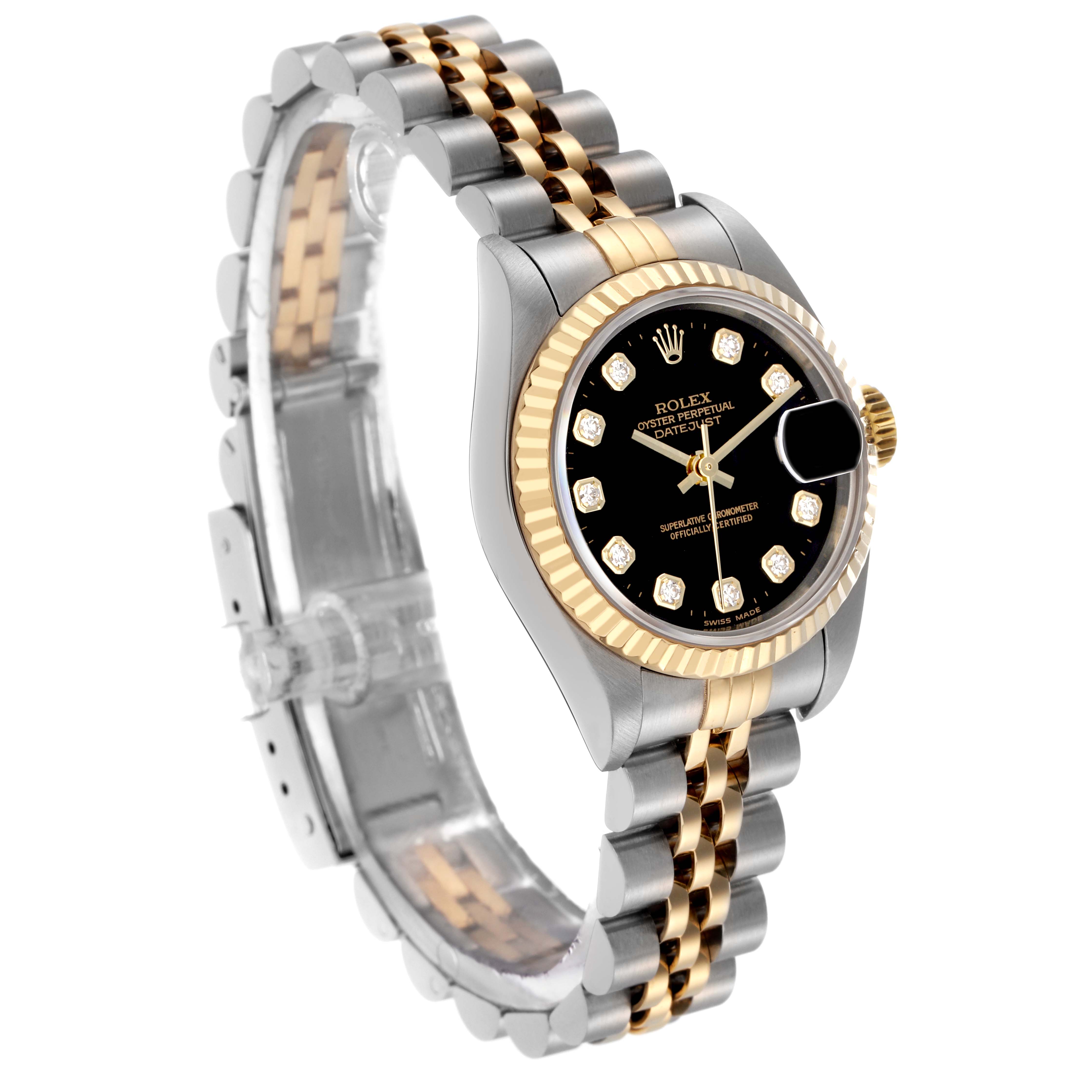 The Rolex Datejust 79173 Women
s Steel and Gold (two tone) Black Dial 79173 Women
s Steel and Gold (two tone) Black Dial watch is shown at a three-quarter angle, highlighting the face, bezel, crown, and two-tone bracelet.