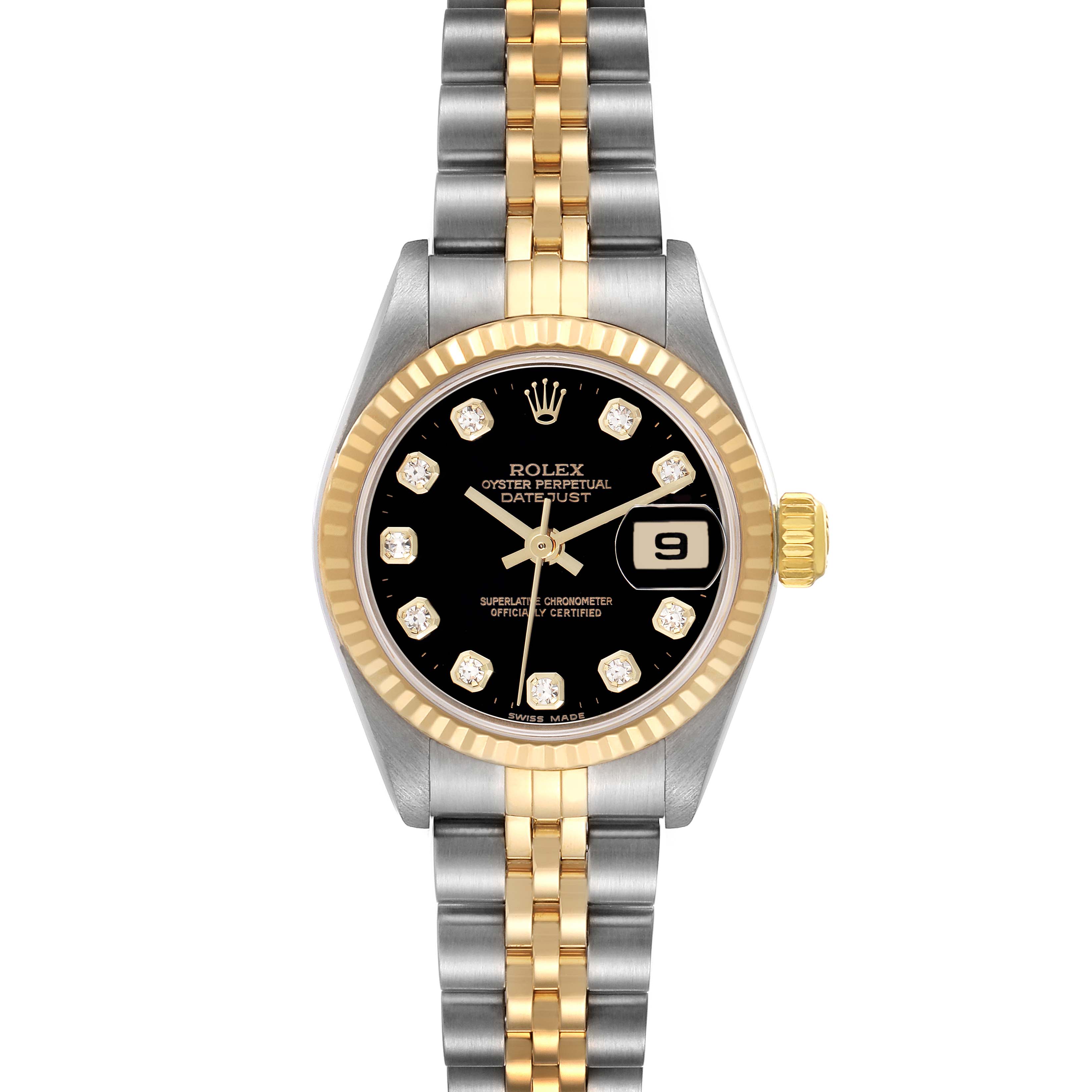 The Rolex Datejust 79173 Women
s Steel and Gold (two tone) Black Dial 79173 Women
s Steel and Gold (two tone) Black Dial watch is shown from a top view, highlighting its dial, bezel, and Jubilee bracelet.