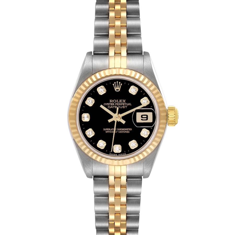 The Rolex Datejust watch is shown from a top view, highlighting its dial, bezel, and Jubilee bracelet.