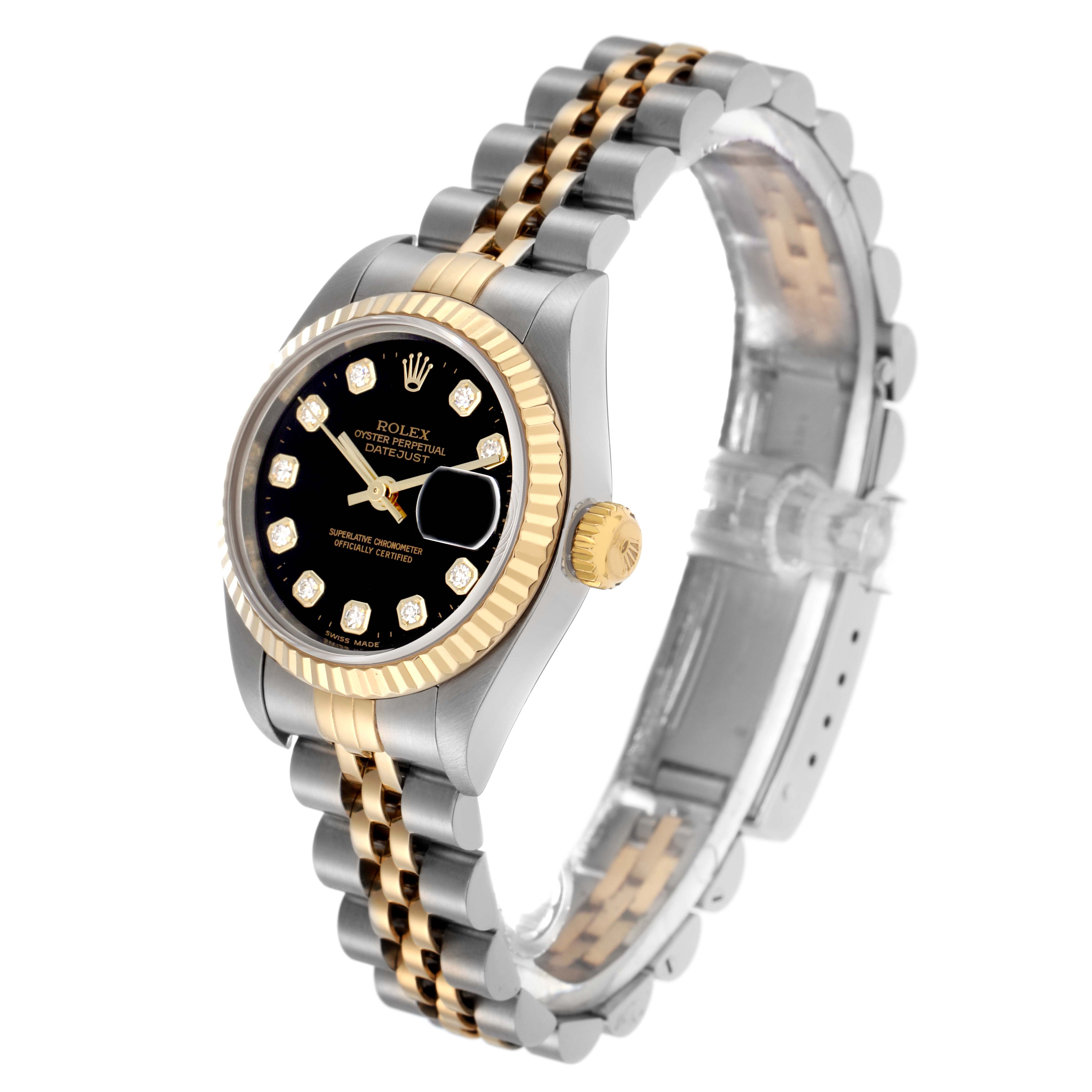 The Rolex Datejust 79173 Women
s Steel and Gold (two tone) Black Dial 79173 Women
s Steel and Gold (two tone) Black Dial watch is shown at a three-quarter angle, highlighting the dial, fluted bezel, and two-tone Jubilee bracelet.