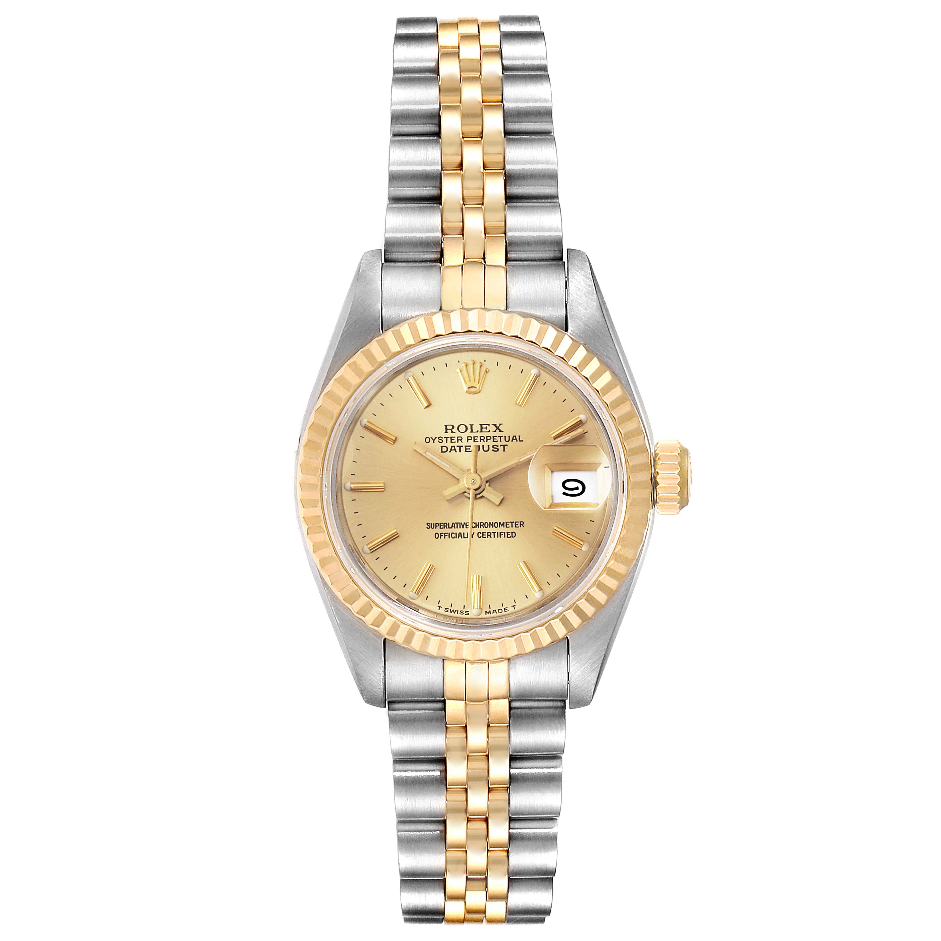 The image shows a front view of a Rolex Datejust 69173 Women
s Steel and Gold (two tone) Champagne Dial 69173 Women
s Steel and Gold (two tone) Champagne Dial watch, highlighting its dial, fluted bezel, and two-tone bracelet.
