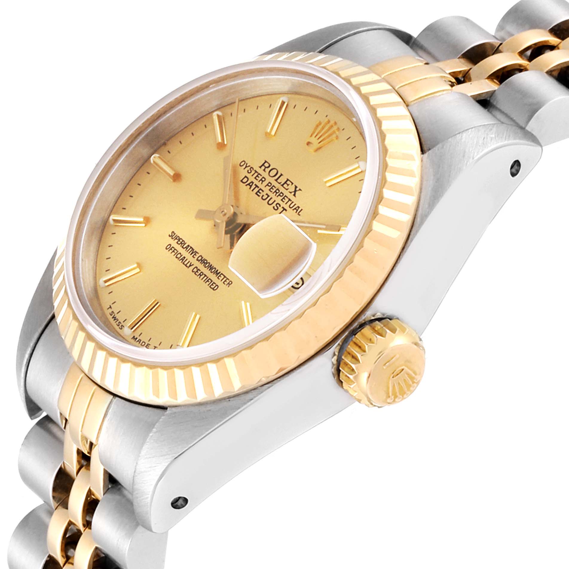 The image shows a side angle of a Rolex Datejust 69173 Women
s Steel and Gold (two tone) Champagne Dial 69173 Women
s Steel and Gold (two tone) Champagne Dial watch, highlighting the gold bezel, crown, dial, and part of the bracelet.