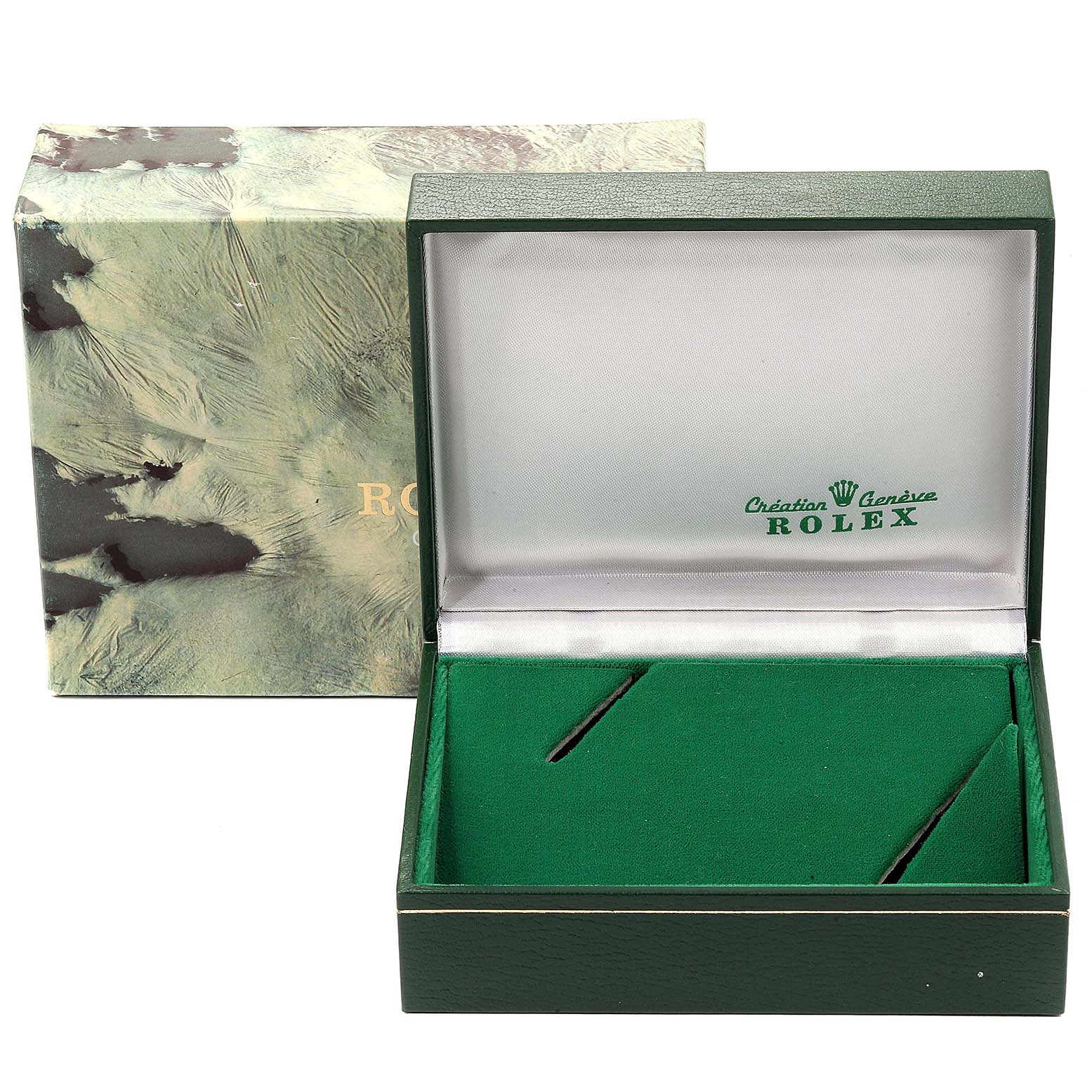 The image shows an empty Rolex Datejust 69173 Women
s Steel and Gold (two tone) Champagne Dial 69173 Women
s Steel and Gold (two tone) Champagne Dial watch box and its protective outer cover from a front angle.