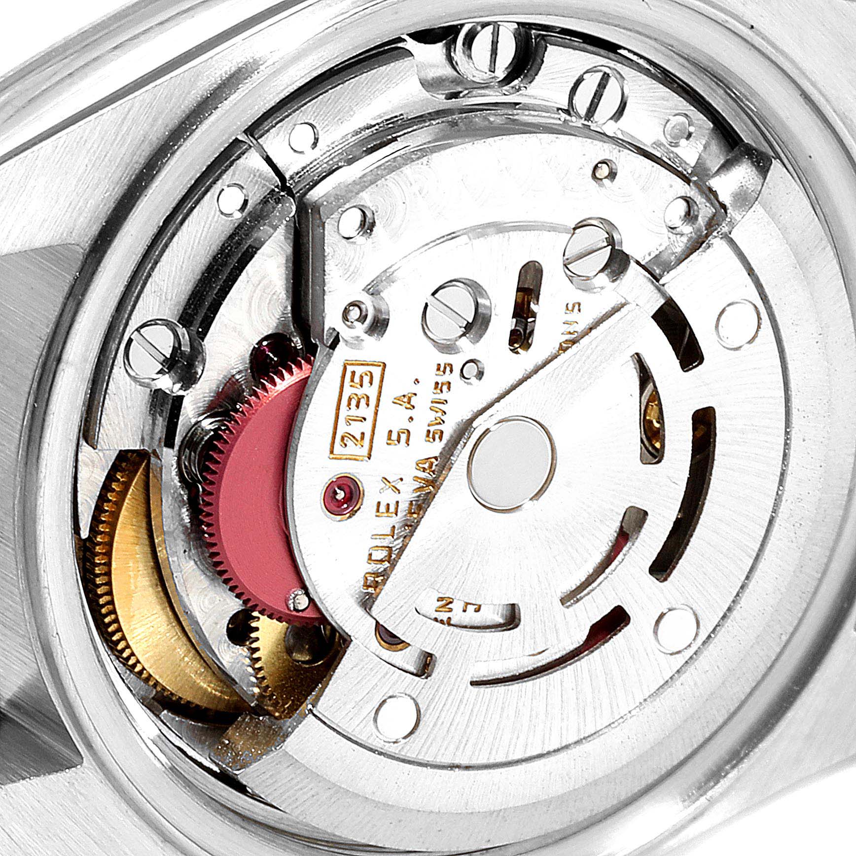 The image shows the internal mechanism of the Rolex Datejust 69173 Women
s Steel and Gold (two tone) Champagne Dial 69173 Women
s Steel and Gold (two tone) Champagne Dial, focusing on the intricate movement parts.