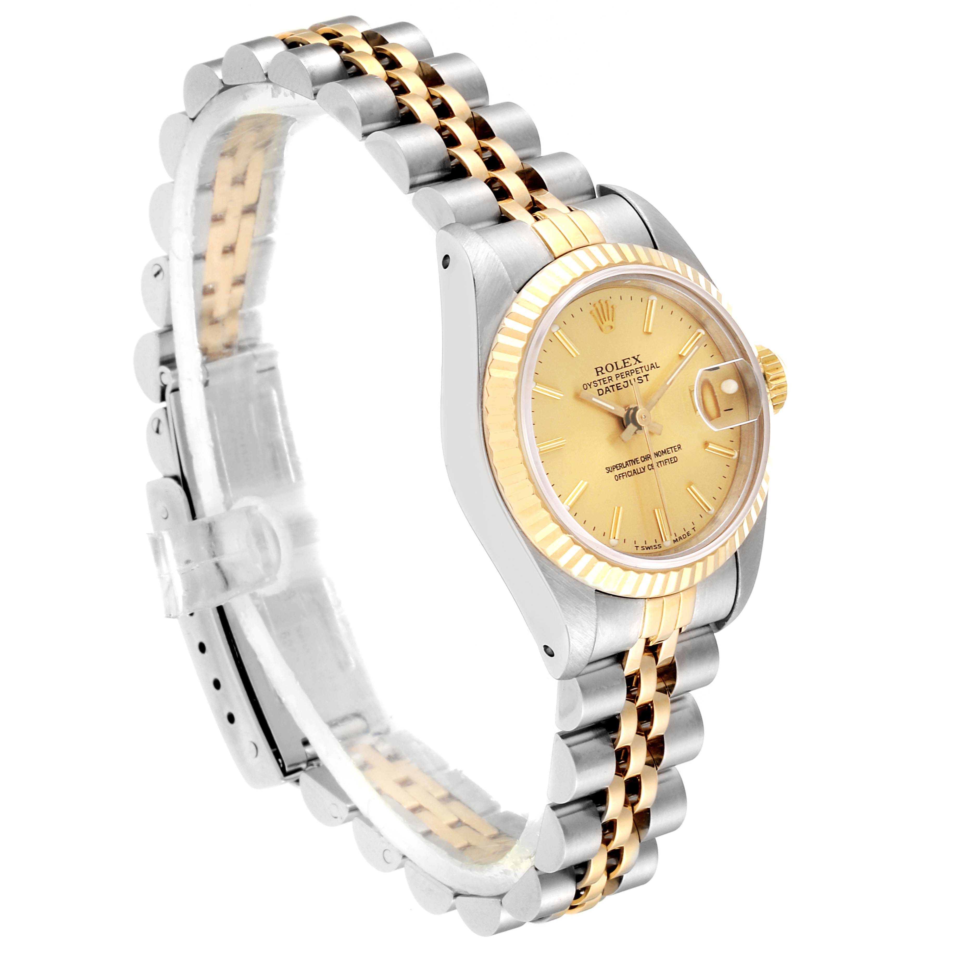 This image shows a Rolex Datejust 69173 Women
s Steel and Gold (two tone) Champagne Dial 69173 Women
s Steel and Gold (two tone) Champagne Dial watch at a 45-degree angle highlighting the bracelet, case, and dial.
