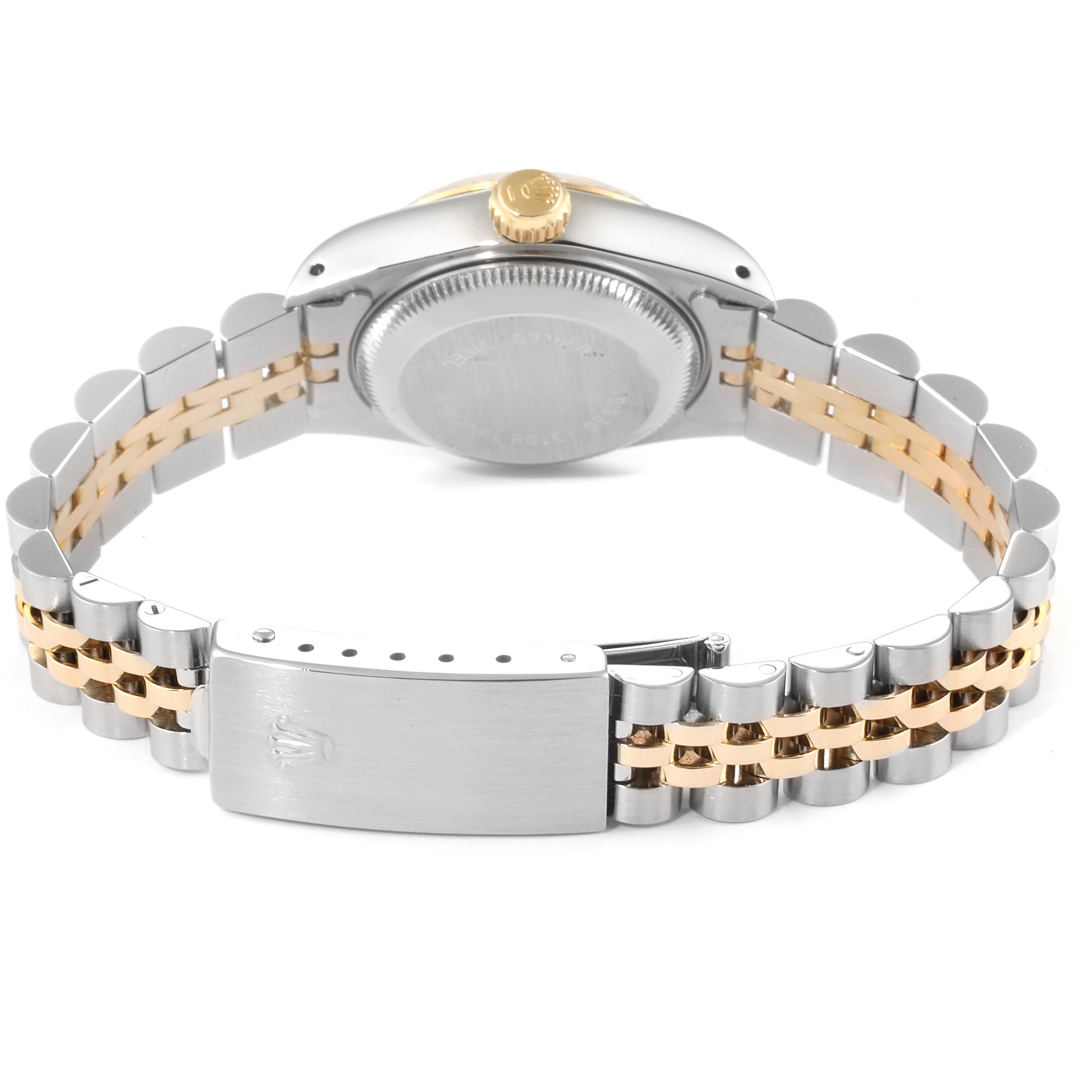 The image shows the back of a Rolex Datejust 69173 Women
s Steel and Gold (two tone) Champagne Dial 69173 Women
s Steel and Gold (two tone) Champagne Dial watch, highlighting the case, crown, and two-tone bracelet with clasp.