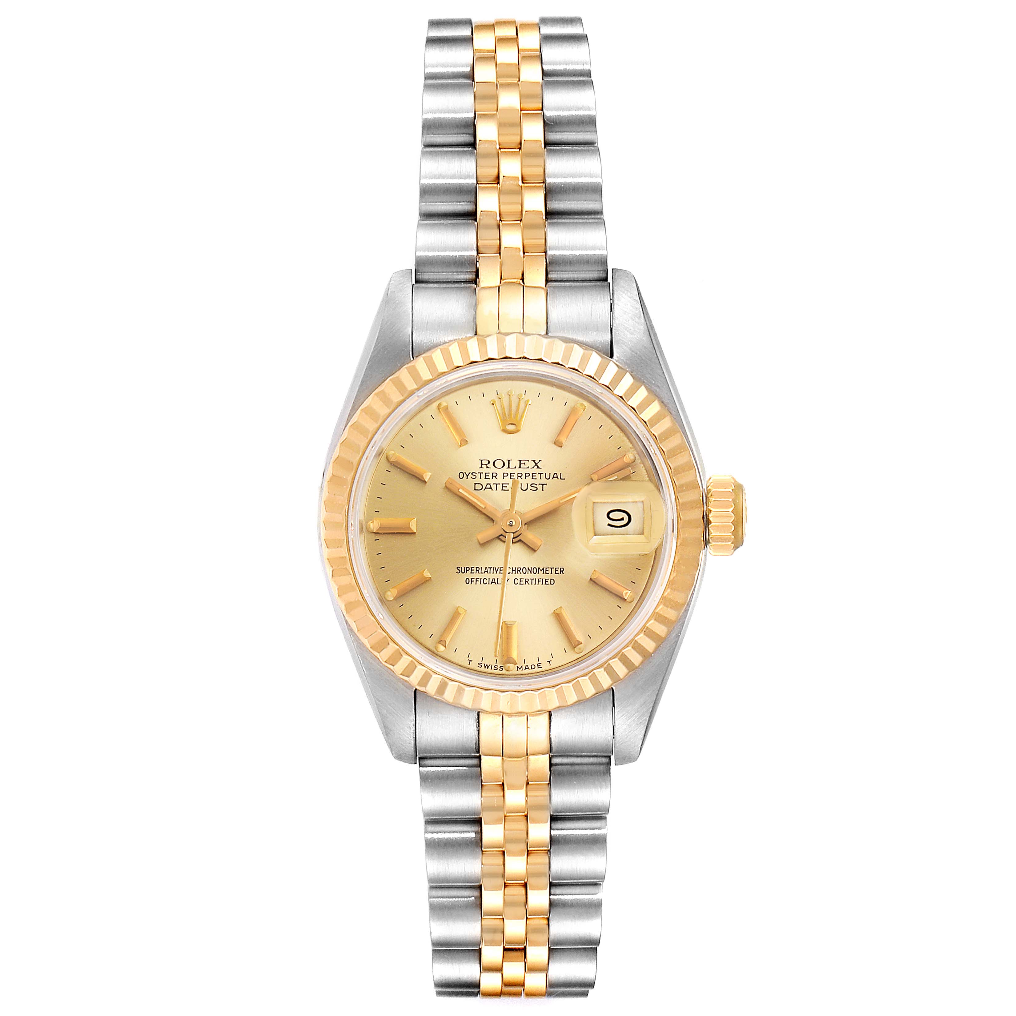 The image shows a front view of a Rolex Datejust 69173 Women
s Steel and Gold (two tone) Champagne Dial 69173 Women
s Steel and Gold (two tone) Champagne Dial watch, displaying the face, dial, fluted bezel, and two-tone bracelet.