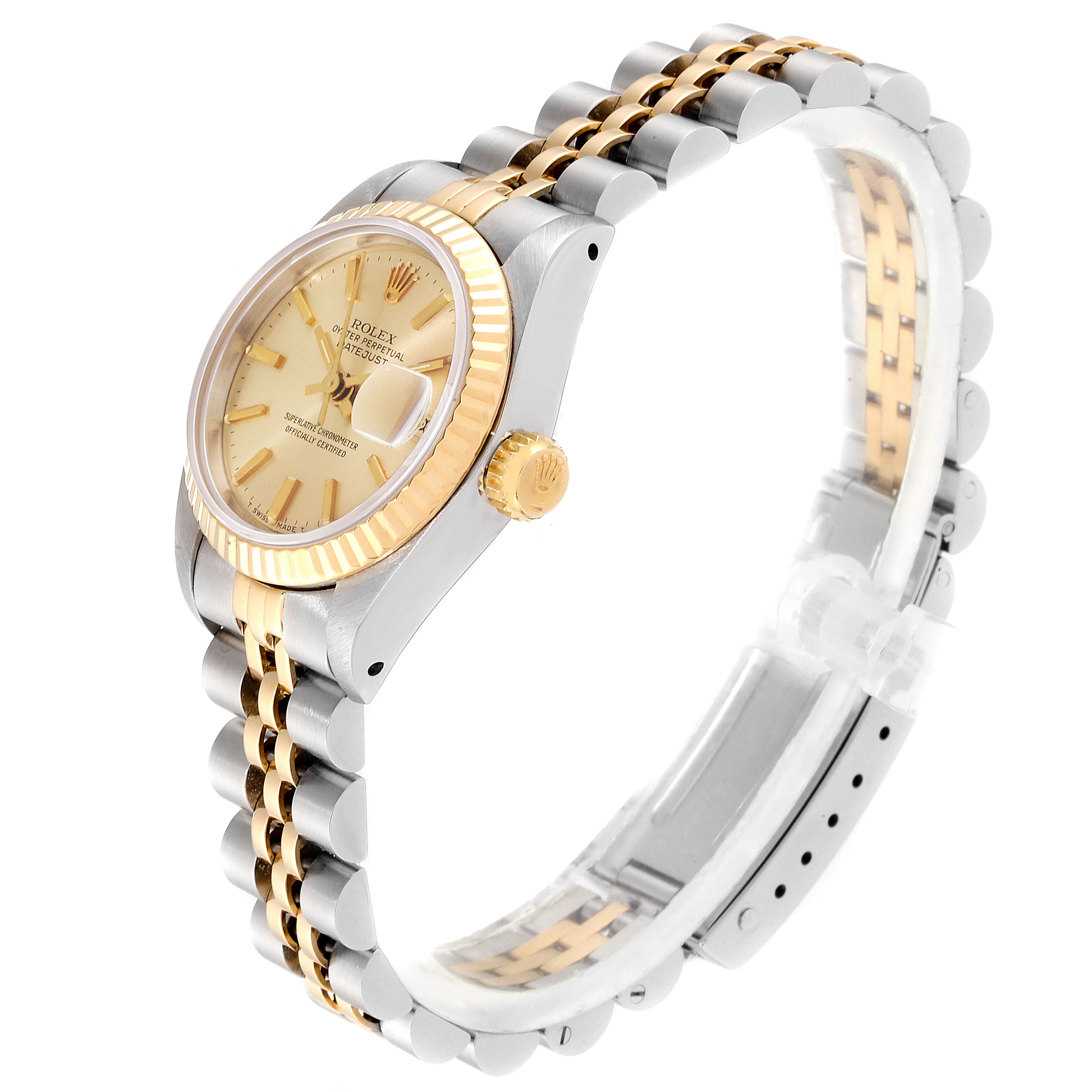 The Rolex Datejust 69173 Women
s Steel and Gold (two tone) Champagne Dial 69173 Women
s Steel and Gold (two tone) Champagne Dial watch is shown at a three-quarter angle displaying the gold bezel, crown, and two-tone bracelet.