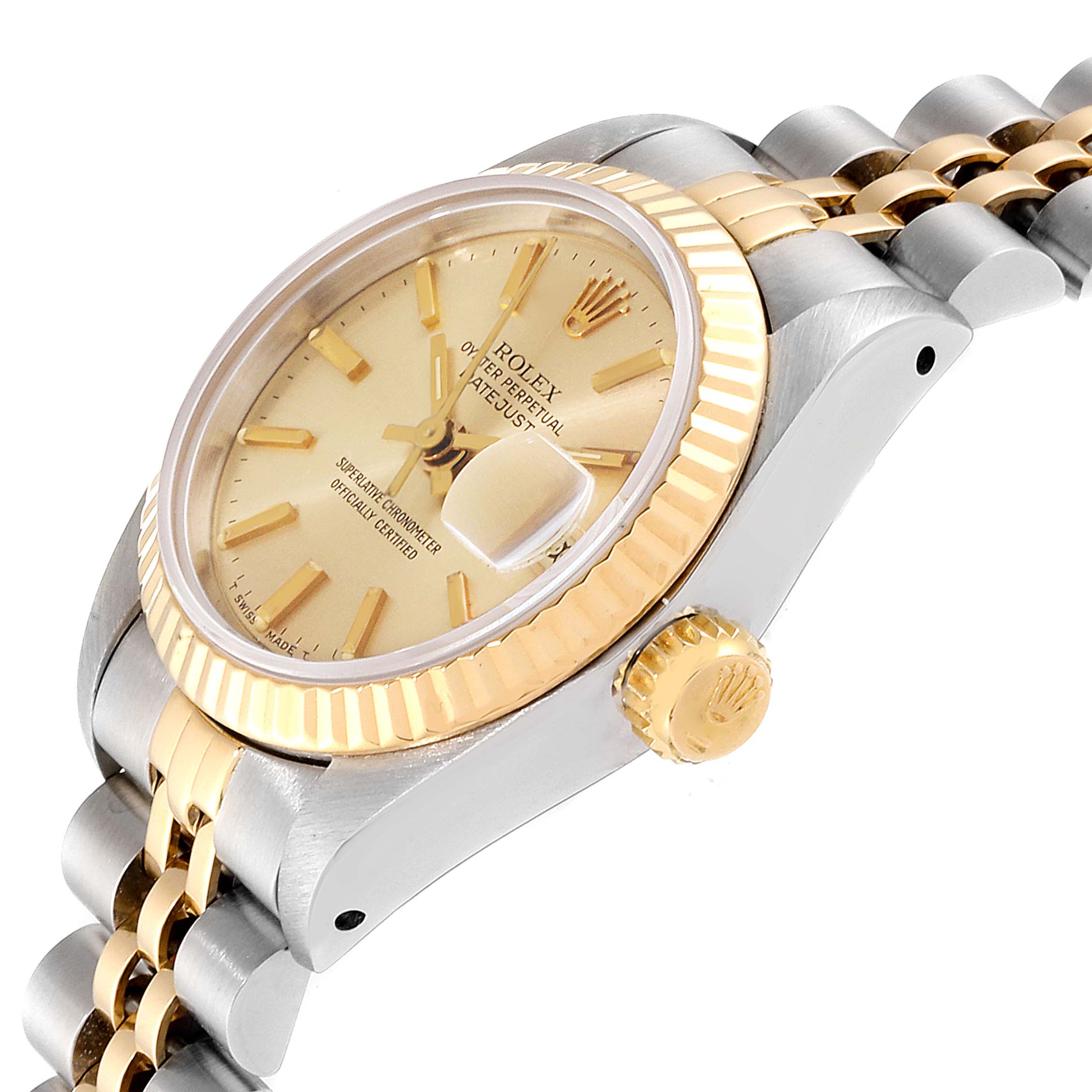 This Rolex Datejust 69173 Women
s Steel and Gold (two tone) Champagne Dial 69173 Women
s Steel and Gold (two tone) Champagne Dial watch is shown from a side angle, highlighting the crown, bezel, and bracelet.