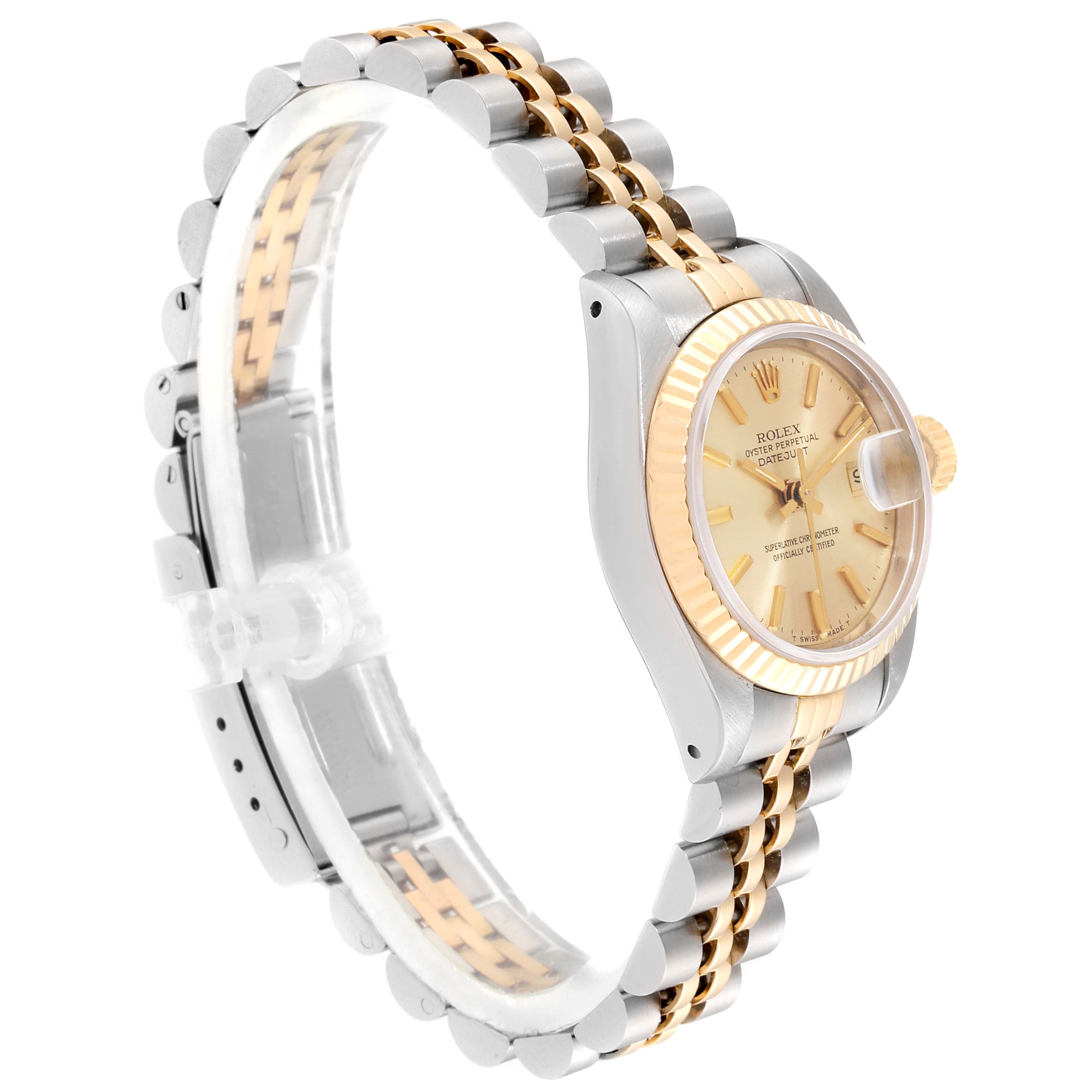The Rolex Datejust 69173 Women
s Steel and Gold (two tone) Champagne Dial 69173 Women
s Steel and Gold (two tone) Champagne Dial watch is shown at a three-quarter angle, highlighting its dial, bezel, and Jubilee bracelet.
