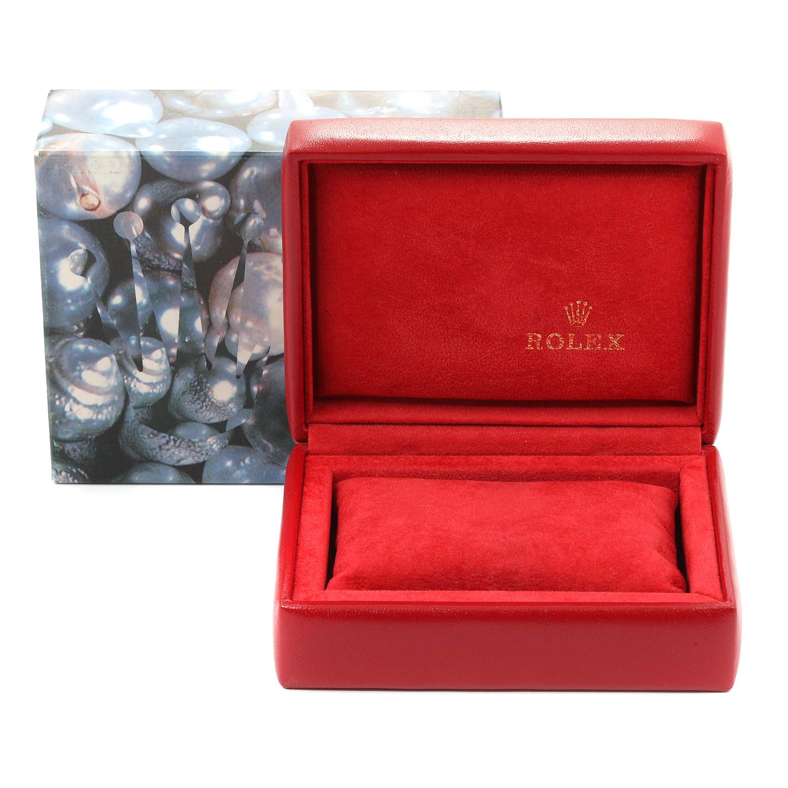 The image shows an open red Rolex Datejust 69173 Women
s Steel and Gold (two tone) Champagne Dial 69173 Women
s Steel and Gold (two tone) Champagne Dial watch box with the Rolex logo and an outer decorative casing.