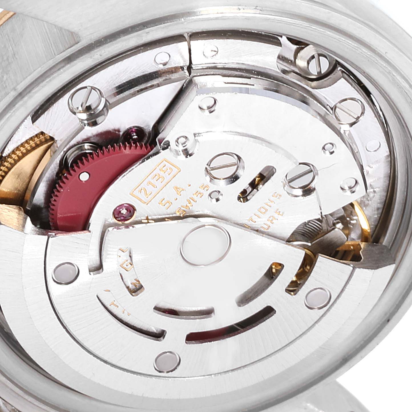 This image shows a close-up view of the movement mechanism inside a Rolex Datejust 69173 Women
s Steel and Gold (two tone) Champagne Dial 69173 Women
s Steel and Gold (two tone) Champagne Dial watch.