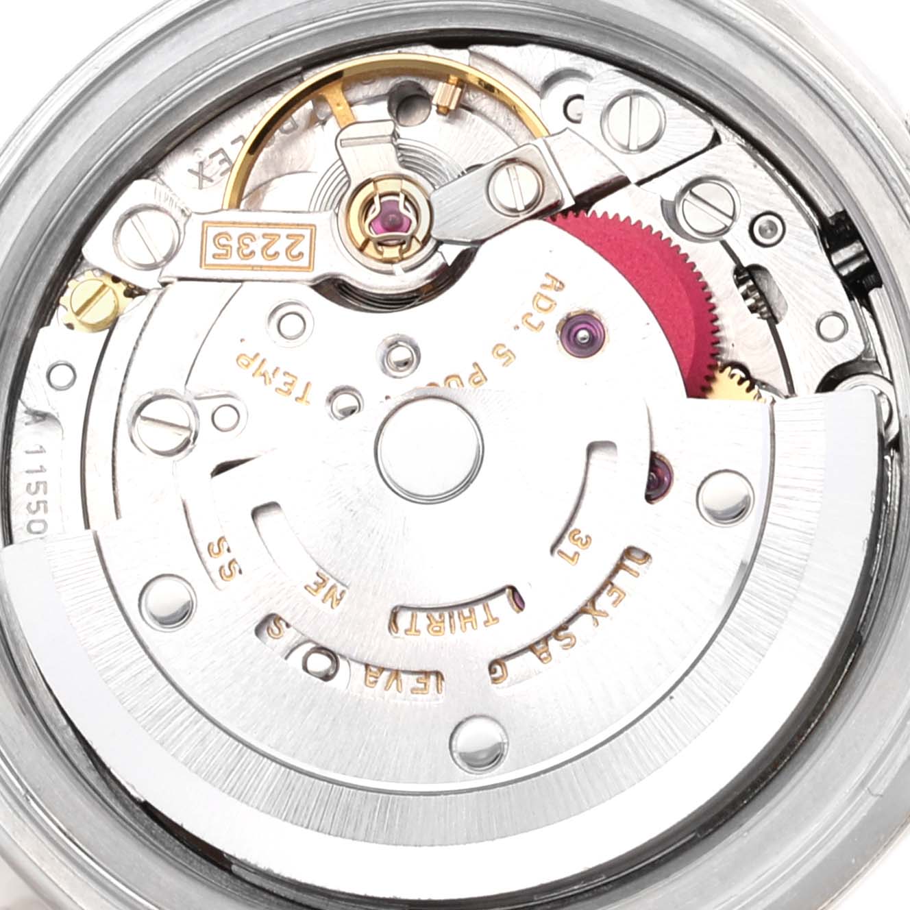This image shows a close-up view of the movement and inner mechanics of a Rolex Datejust 79163 Women's Steel and Gold (two tone) Grey Dial 79163 Women's Steel and Gold (two tone) Grey Dial watch.