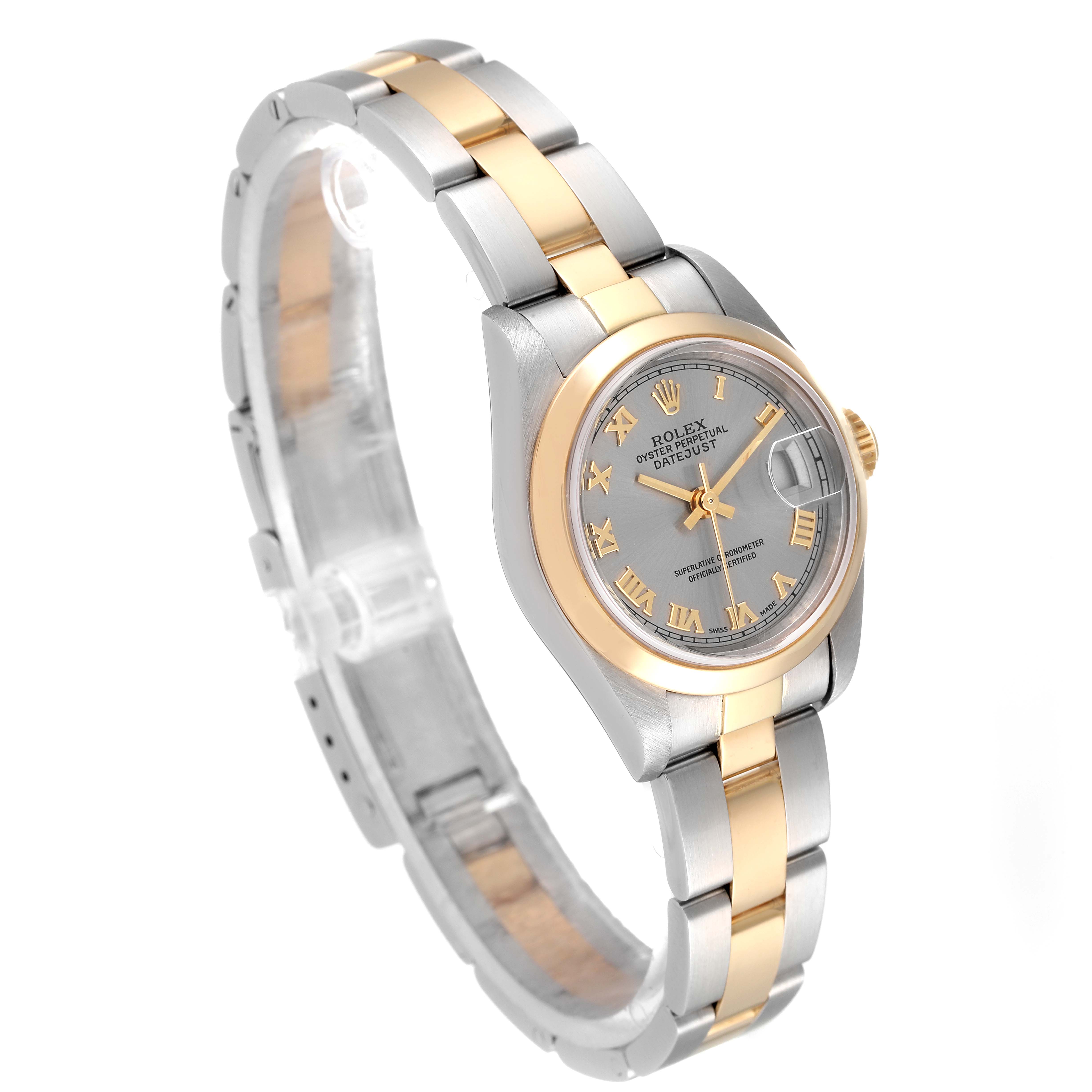 The image shows a Rolex Datejust 79163 Women's Steel and Gold (two tone) Grey Dial 79163 Women's Steel and Gold (two tone) Grey Dial watch at a three-quarter angle, highlighting the dial, bracelet, and bezel.