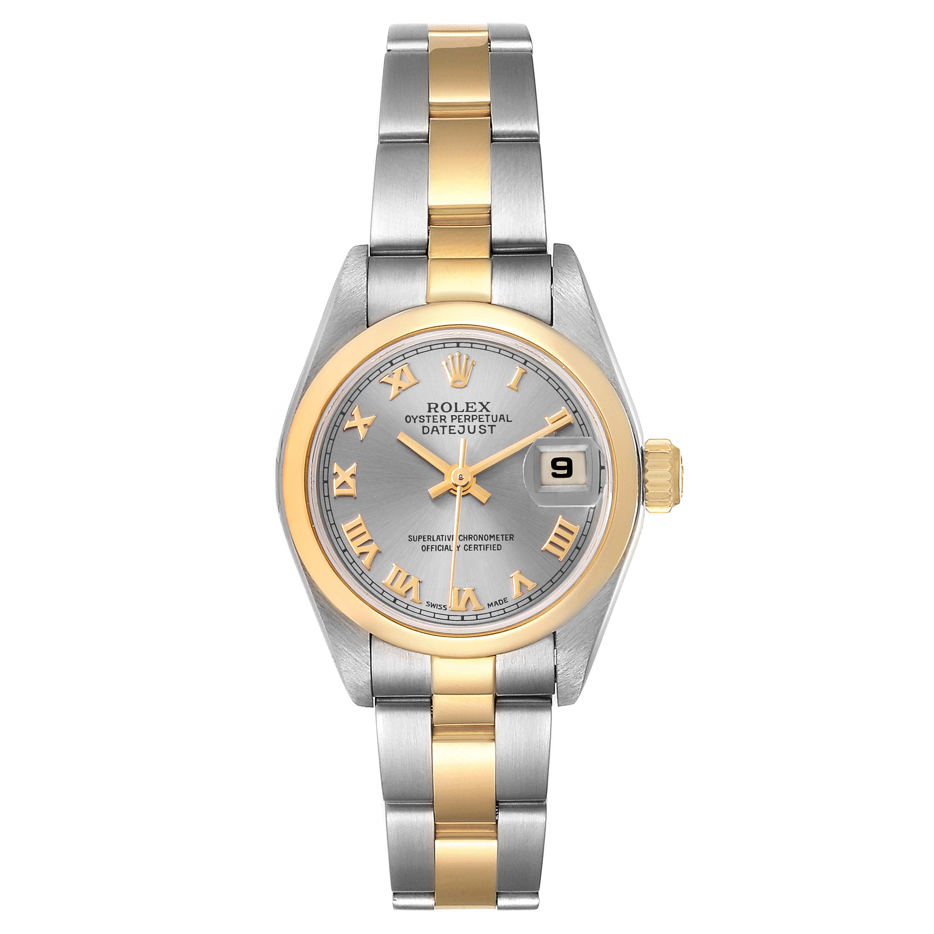 This is a front view of the Rolex Datejust 79163 Women's Steel and Gold (two tone) Grey Dial 79163 Women's Steel and Gold (two tone) Grey Dial watch, showcasing its silver and gold design, bracelet, and date display.
