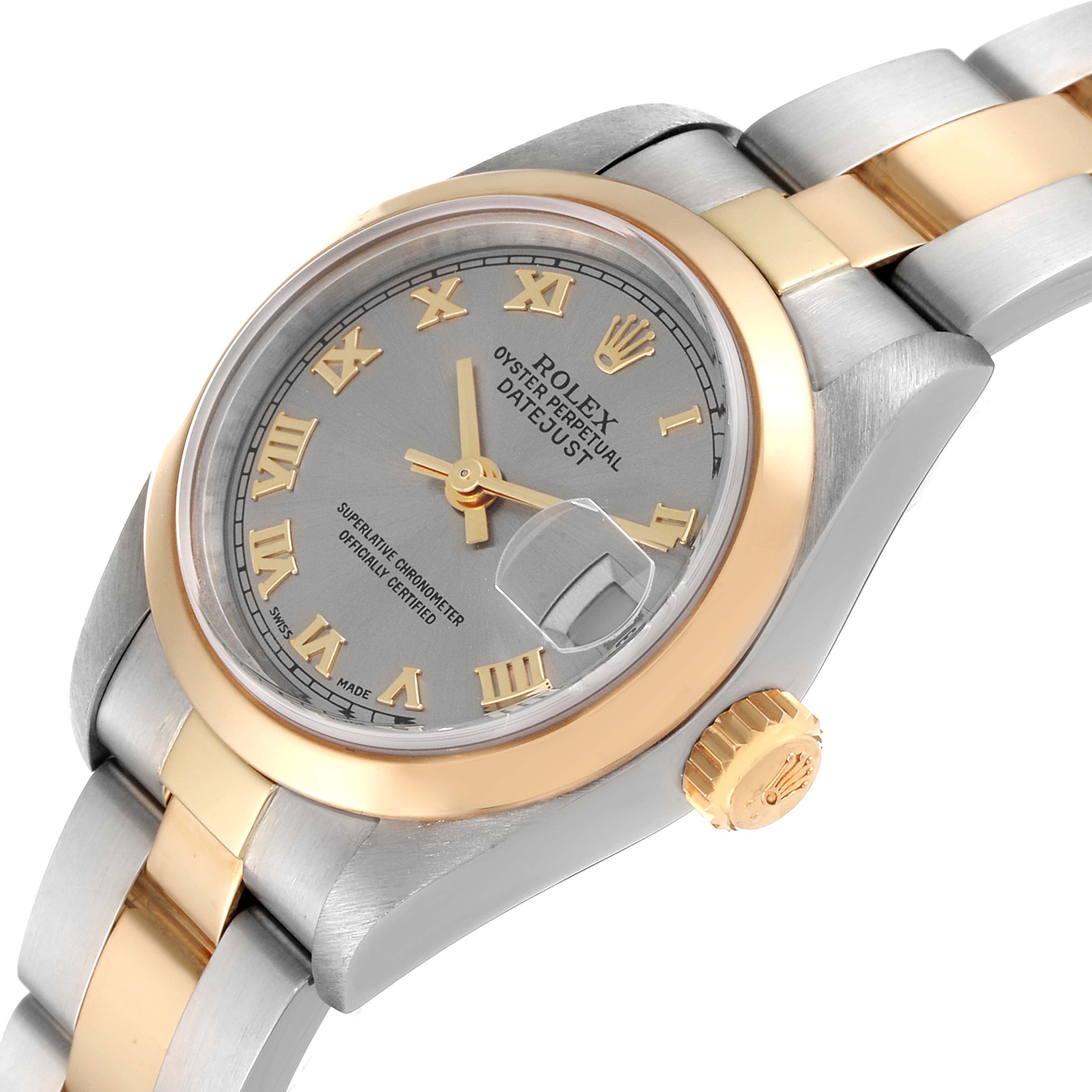 This image shows a close-up, angled view of the face, bezel, and part of the bracelet of the Rolex Datejust 79163 Women's Steel and Gold (two tone) Grey Dial 79163 Women's Steel and Gold (two tone) Grey Dial watch.