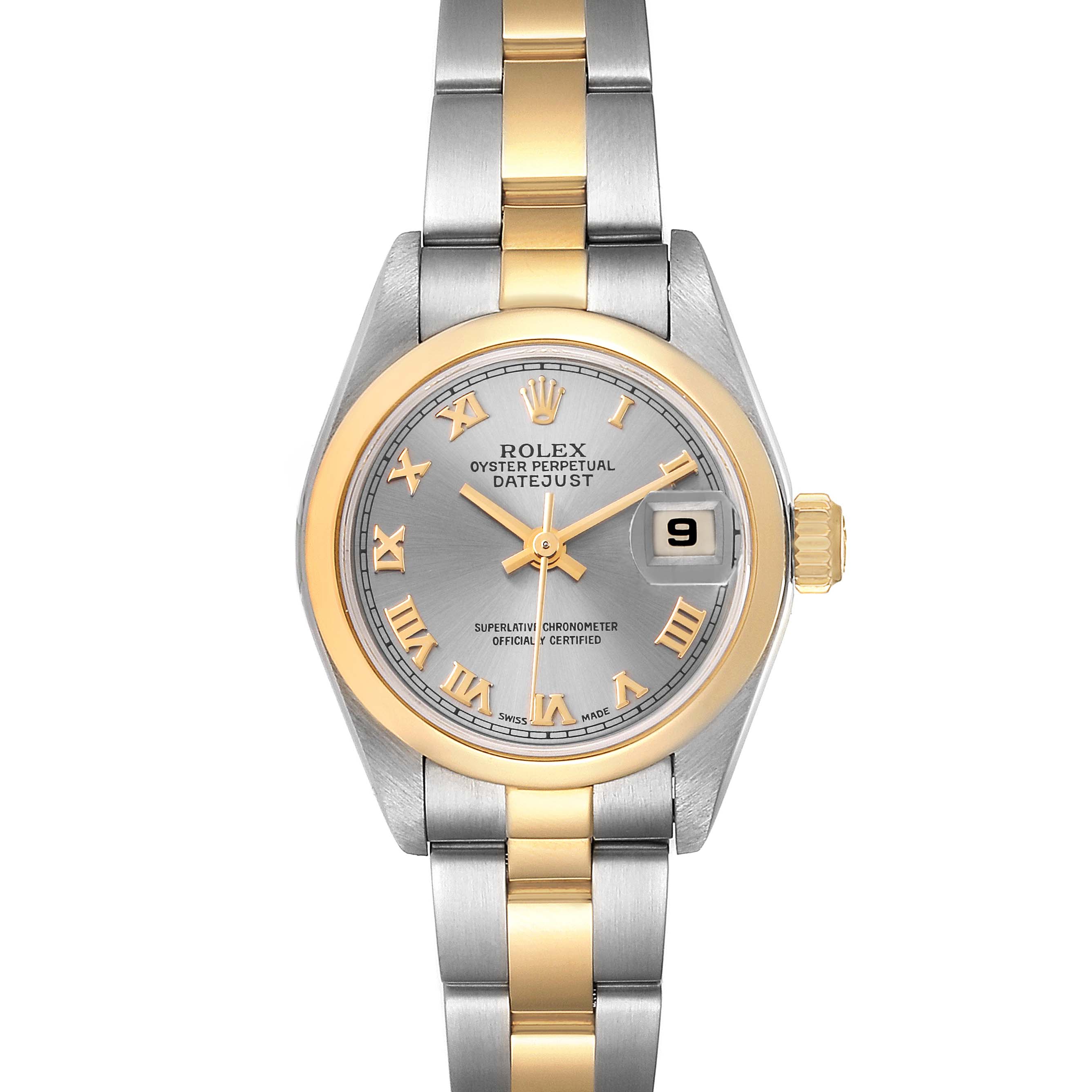 The image shows a front view of a Rolex Datejust 79163 Women's Steel and Gold (two tone) Grey Dial 79163 Women's Steel and Gold (two tone) Grey Dial watch featuring a two-tone steel and gold bracelet, date window, and Roman numeral markers.