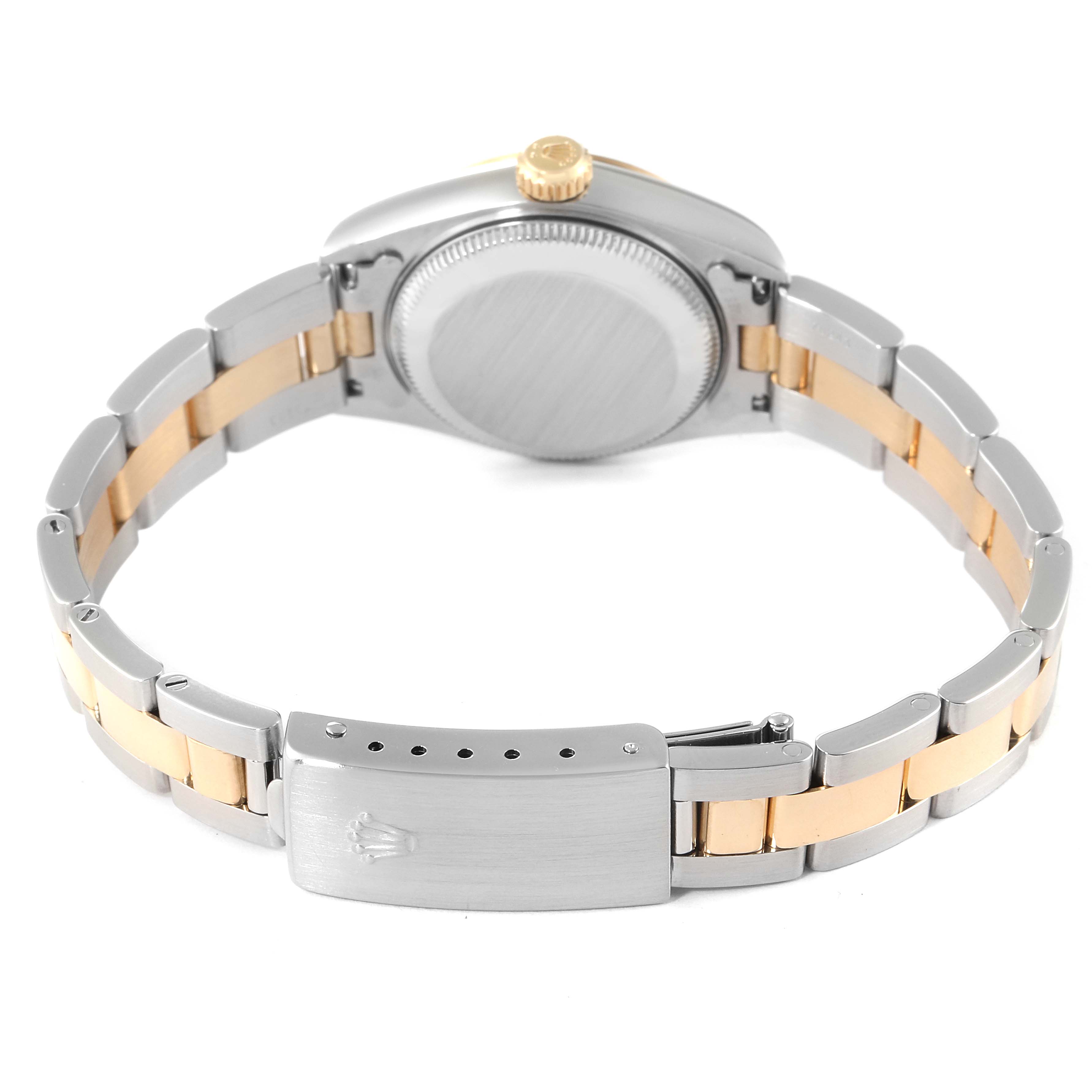 The image shows the back view of a Rolex Datejust 79163 Women's Steel and Gold (two tone) Grey Dial 79163 Women's Steel and Gold (two tone) Grey Dial watch, highlighting its bracelet, case back, and clasp.