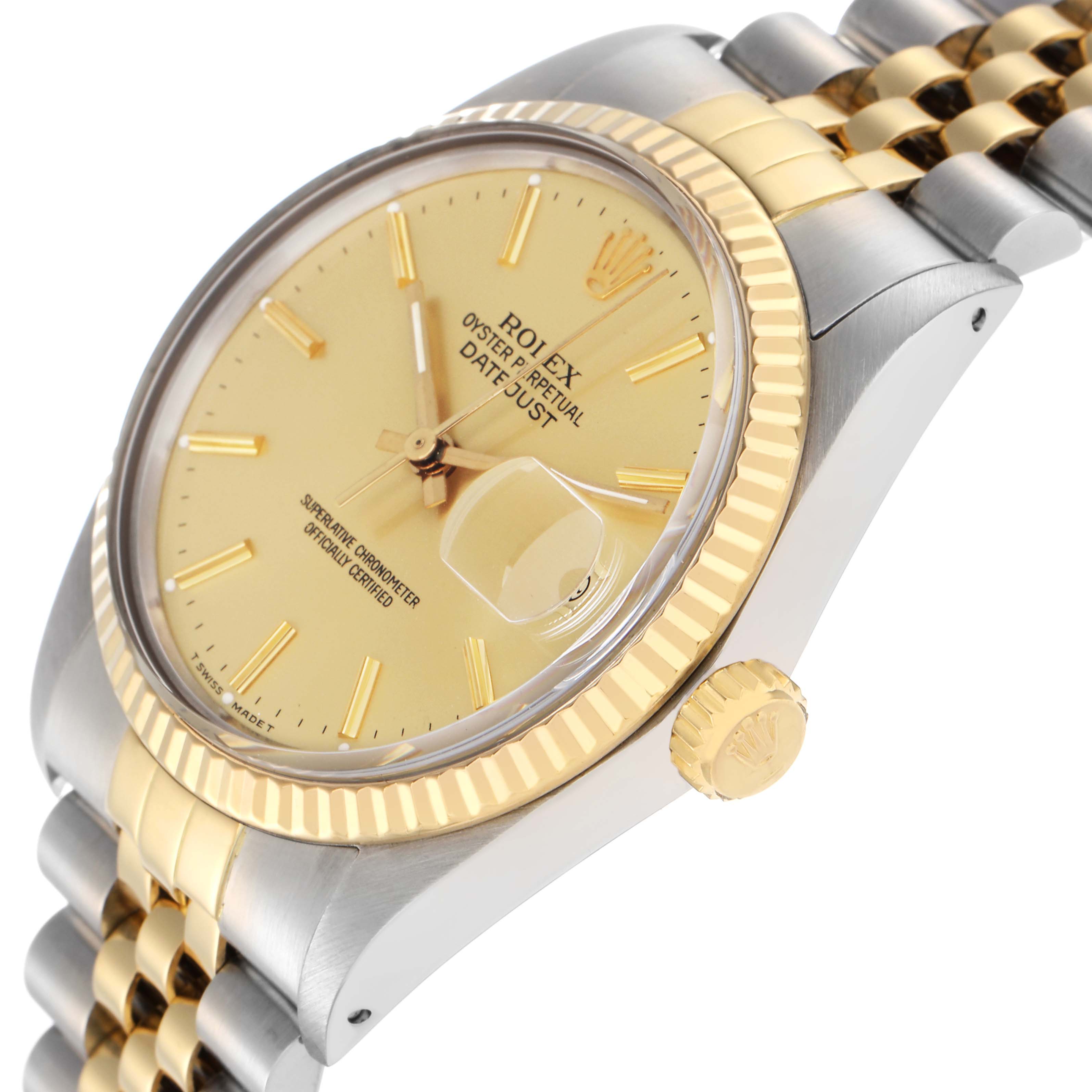 The image shows a Rolex Vintage Collection 16013 Men
s Steel and Gold (two tone) Champagne Dial 16013 Men
s Steel and Gold (two tone) Champagne Dial watch at an angled view, highlighting the gold and silver bracelet, crown, and face details.