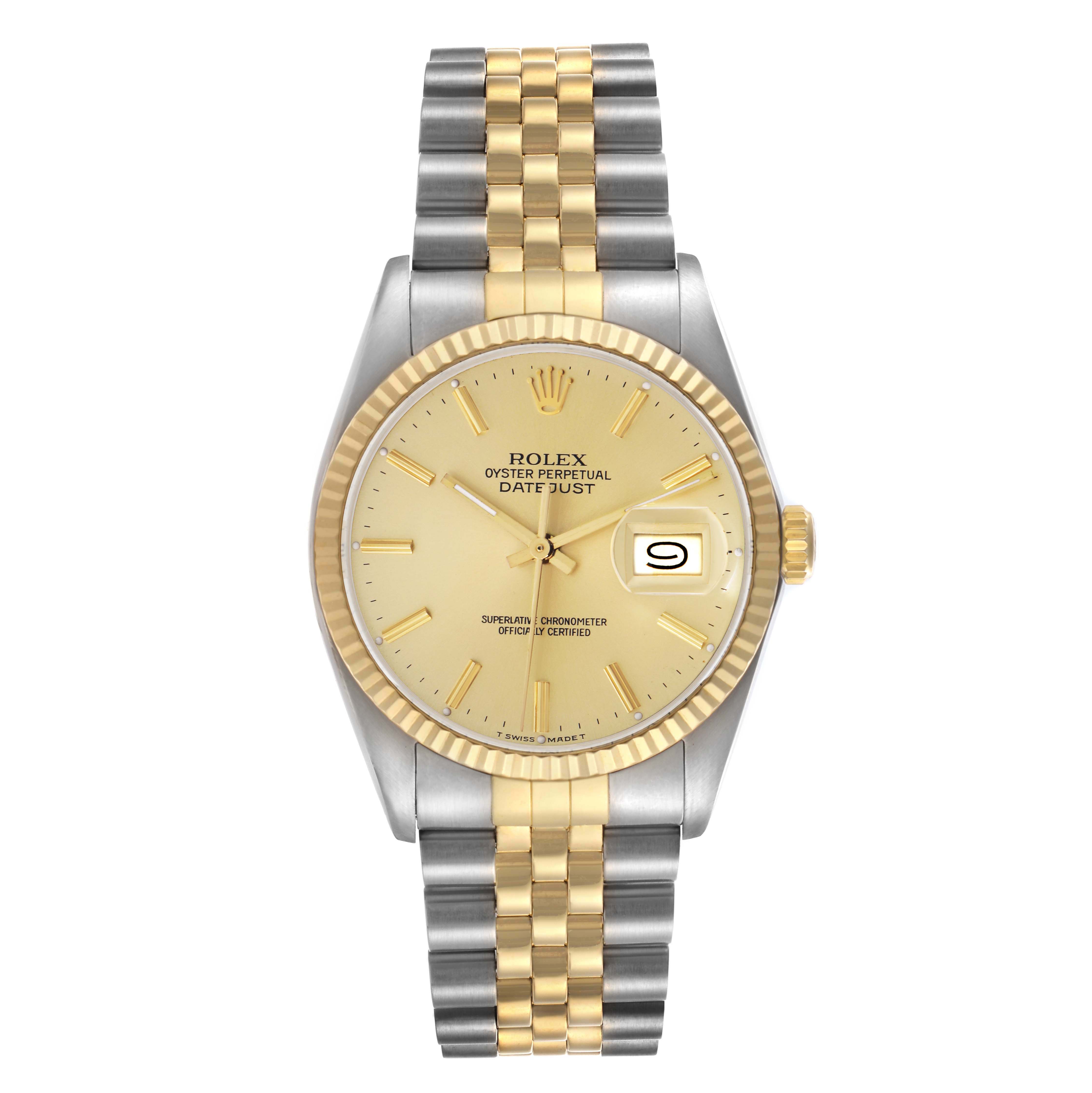 The Rolex Vintage Collection 16013 Men
s Steel and Gold (two tone) Champagne Dial 16013 Men
s Steel and Gold (two tone) Champagne Dial model is shown from a front angle, highlighting its face, bezel, bracelet, and date window.