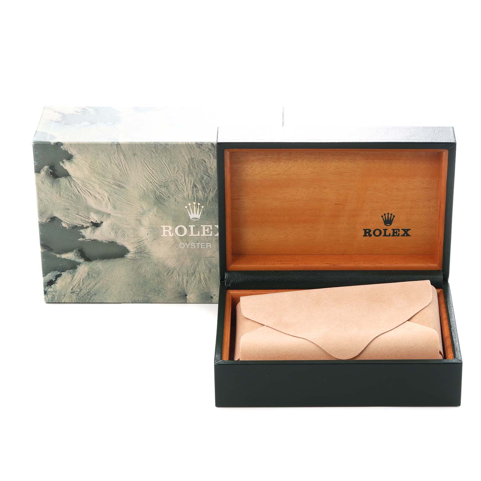 The image shows a Rolex Vintage Collection 16013 Men
s Steel and Gold (two tone) Champagne Dial 16013 Men
s Steel and Gold (two tone) Champagne Dial watch box and outer packaging, with the wooden interior and leather pouch visible.