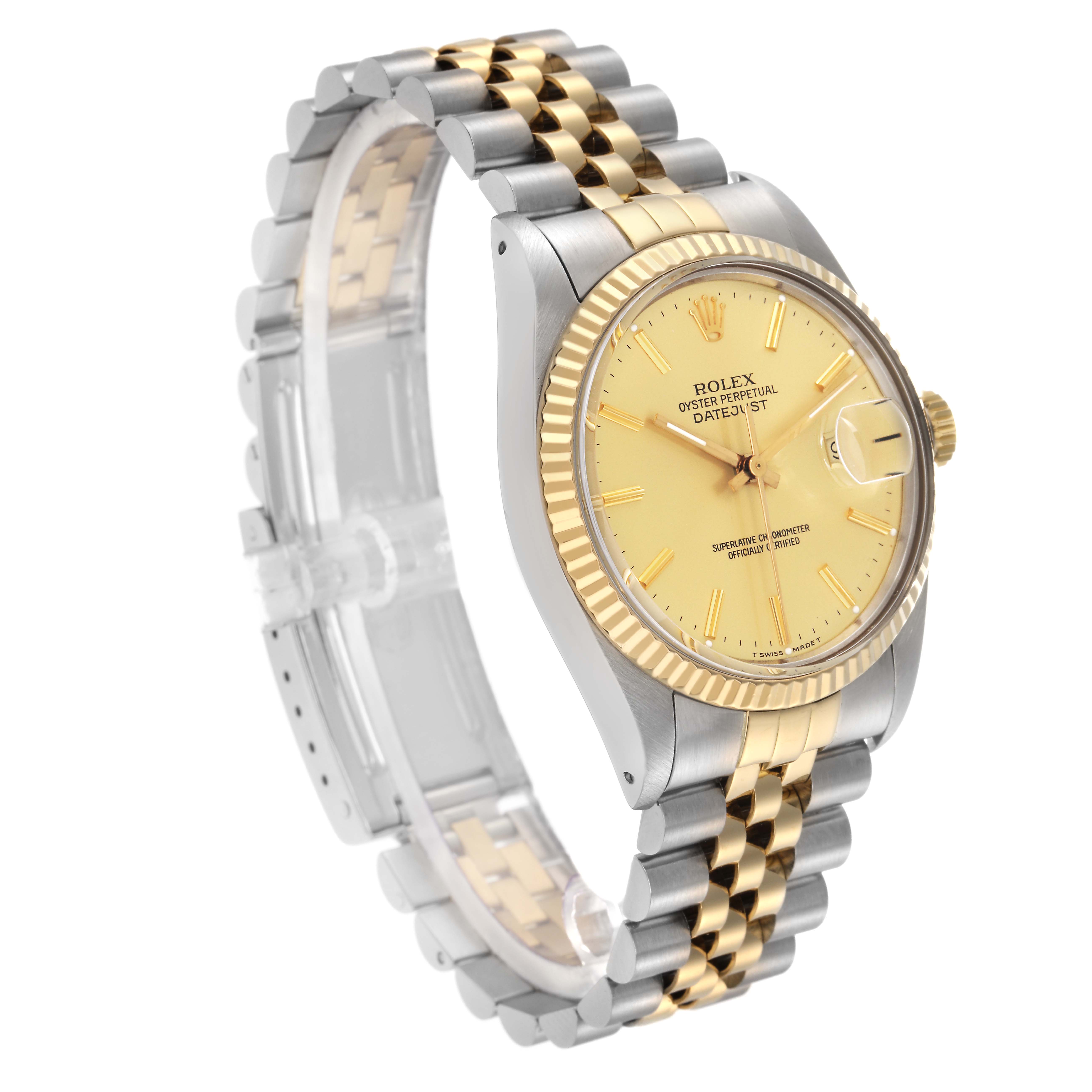 The Rolex Vintage Collection 16013 Men
s Steel and Gold (two tone) Champagne Dial 16013 Men
s Steel and Gold (two tone) Champagne Dial watch is shown at a three-quarter angle, highlighting the fluted bezel, jubilee bracelet, and dial.