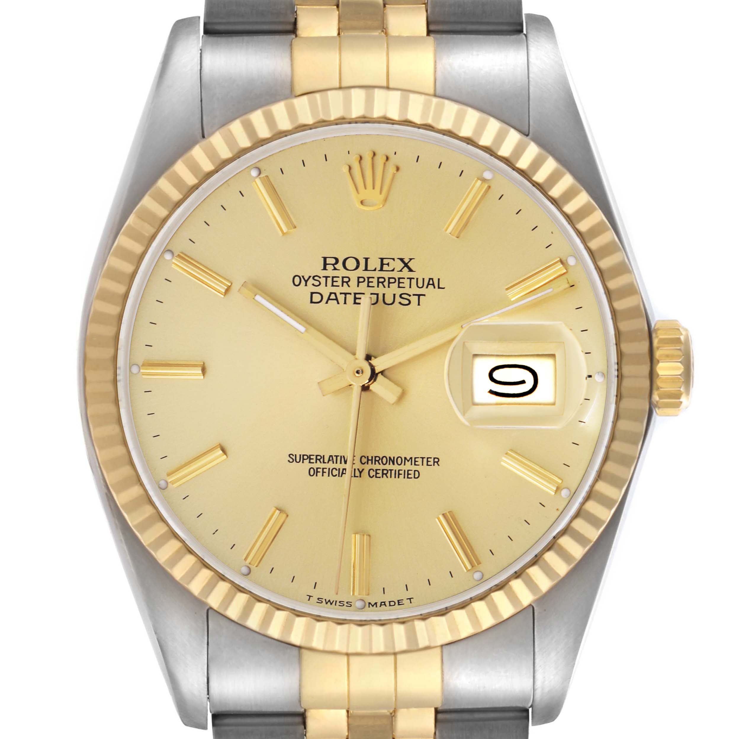 The Rolex Vintage Collection 16013 Men
s Steel and Gold (two tone) Champagne Dial 16013 Men
s Steel and Gold (two tone) Champagne Dial model is shown at a front angle, displaying its gold dial, date window, and two-tone bracelet.