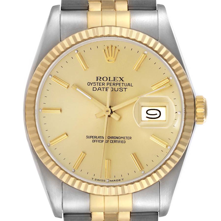 The Rolex Vintage Collection model is shown at a front angle, displaying its gold dial, date window, and two-tone bracelet.